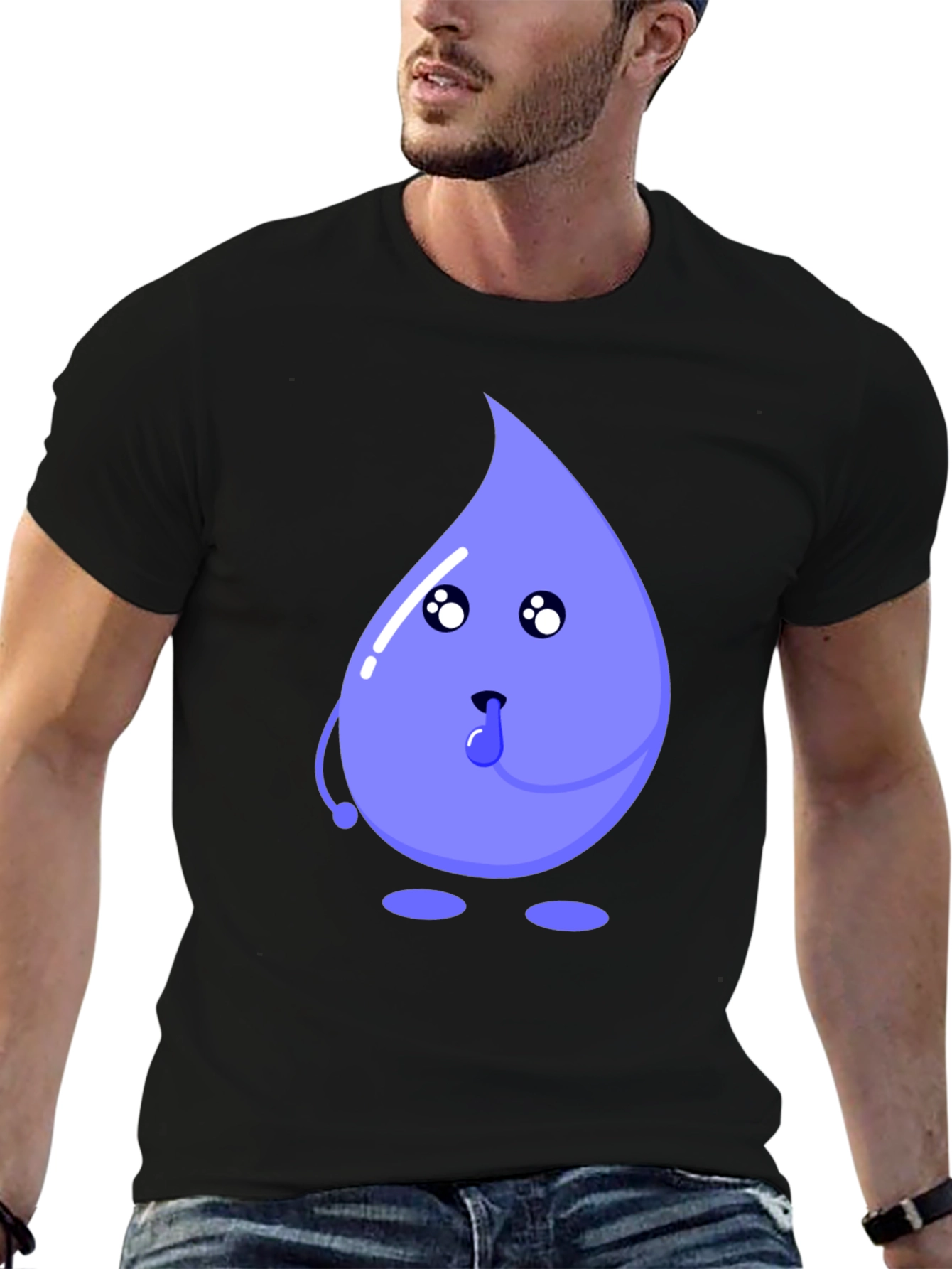 Cartoon Droplet Graphic Tee - Black Cotton T-Shirt