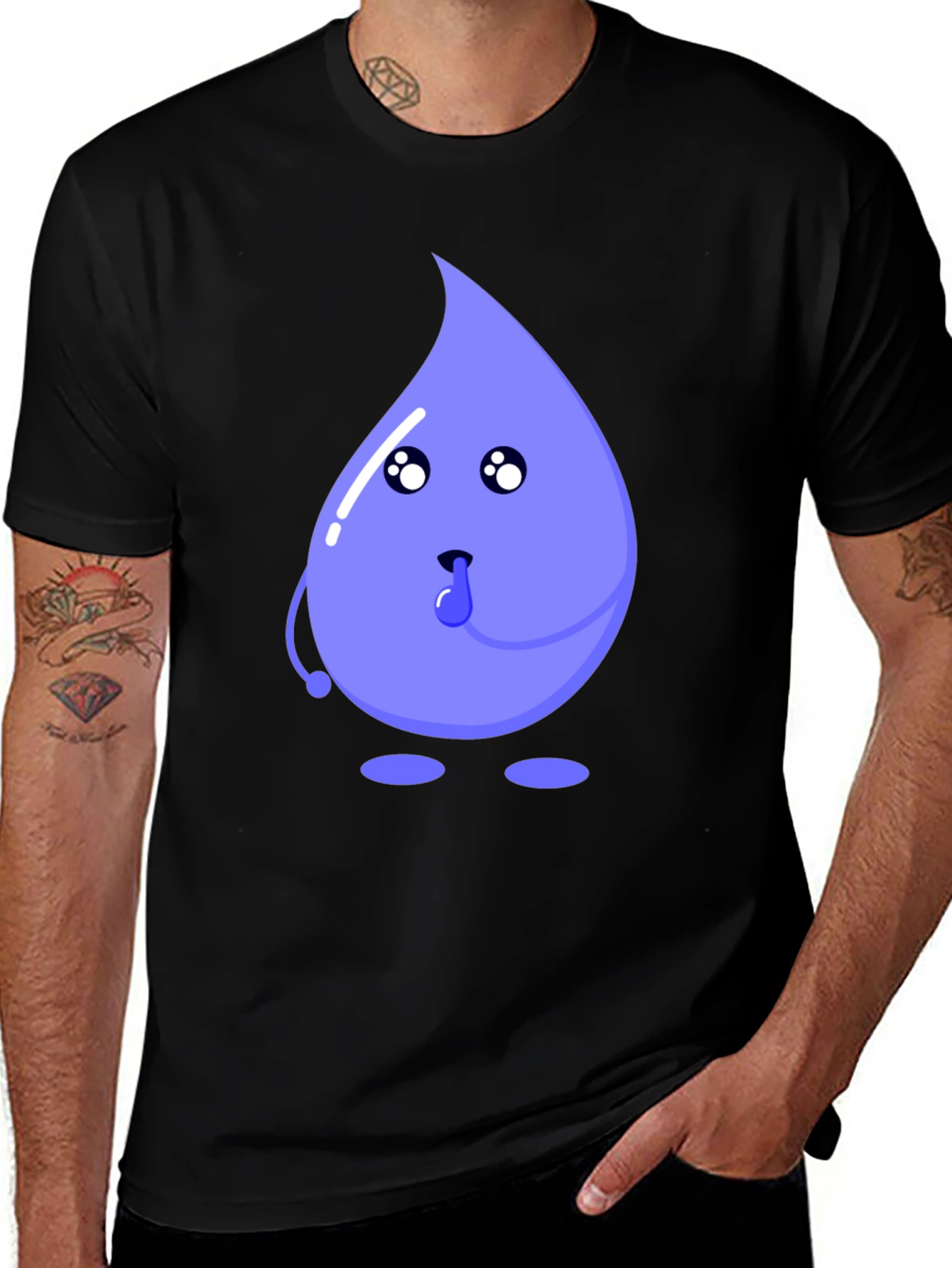Cartoon Droplet Graphic Tee - Black Cotton T-Shirt