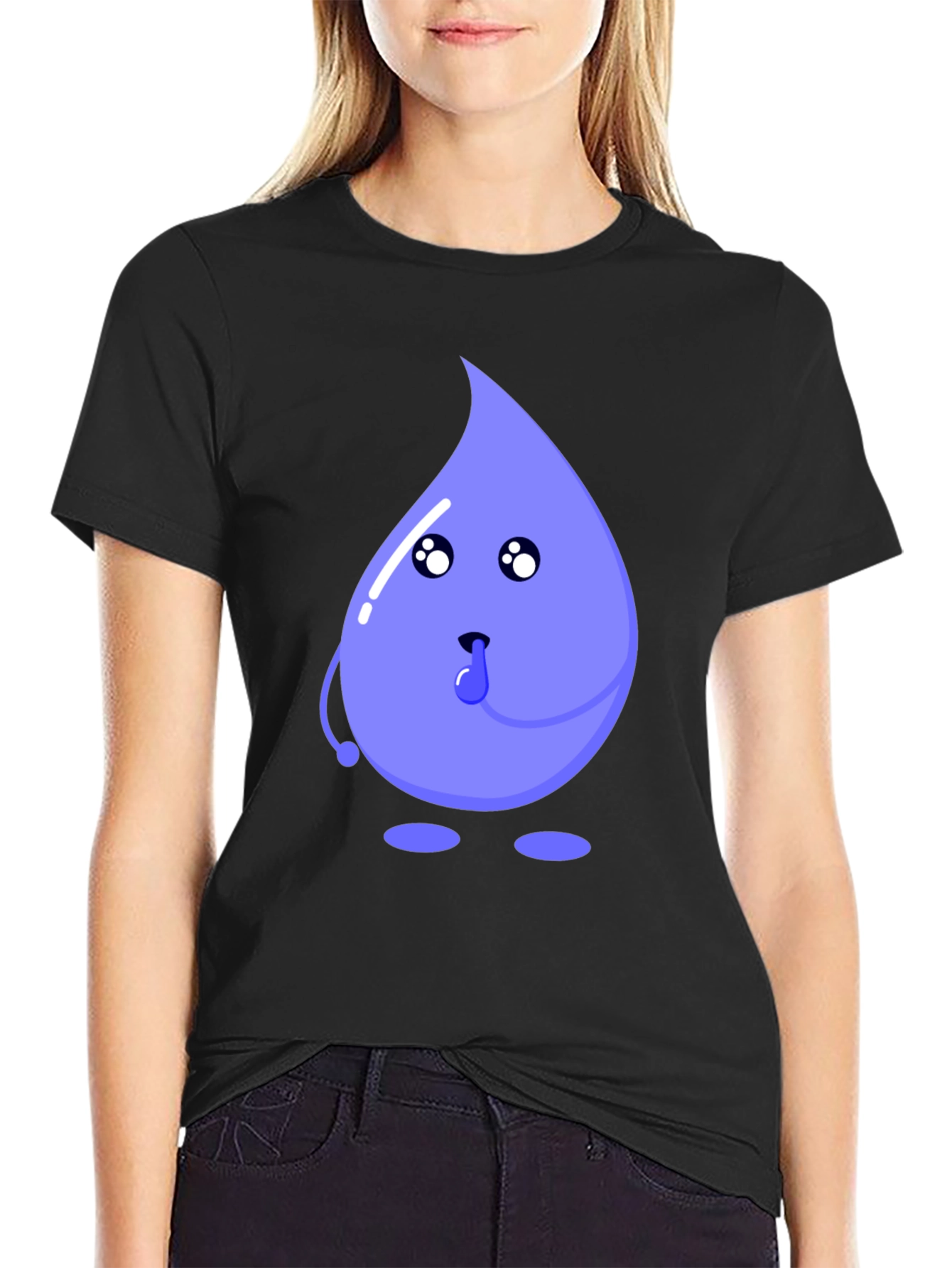 Cartoon Droplet Graphic Tee - Black Cotton T-Shirt
