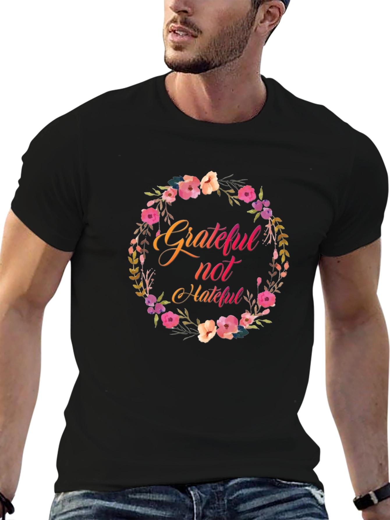 Grateful Not Hateful Floral Wreath Black T-Shirt