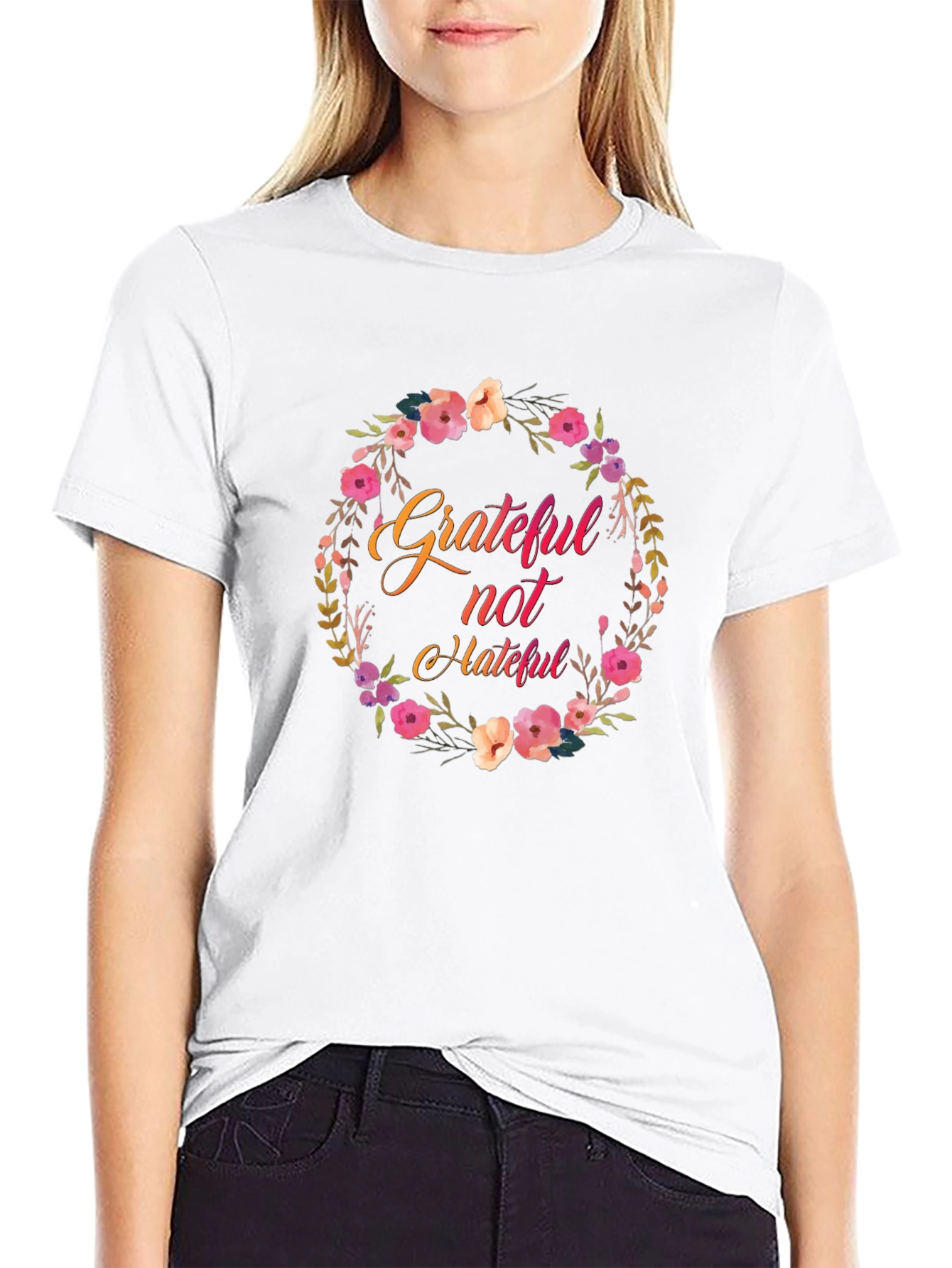 Grateful Not Hateful Floral Wreath Black T-Shirt