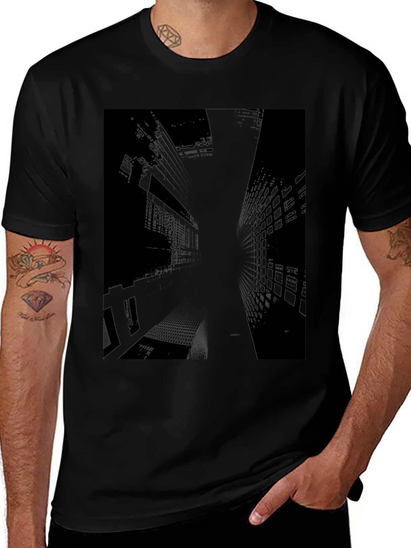 Urban Edge Graphic Tee - Black Cityscape Design