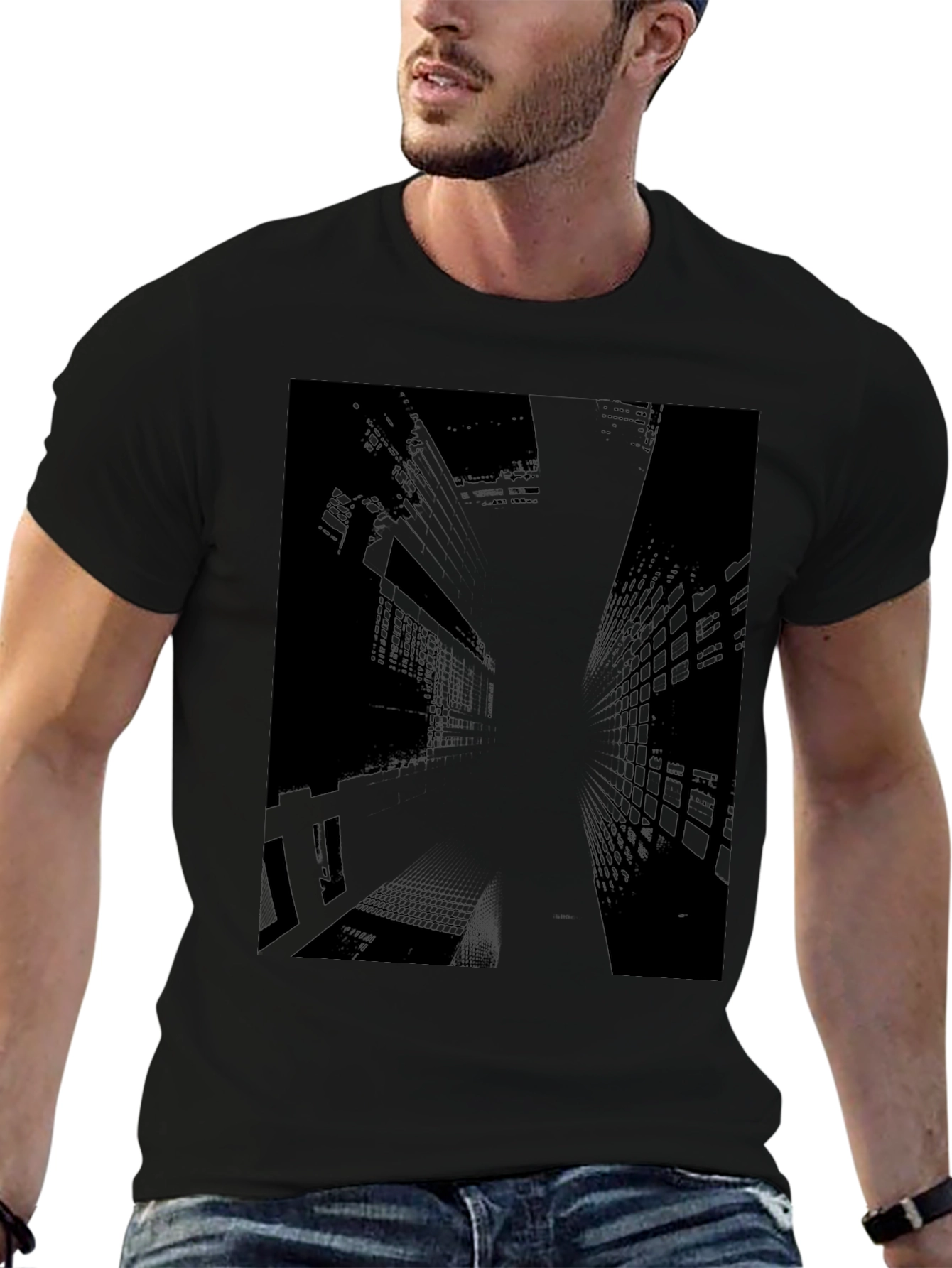 Urban Edge Graphic Tee - Black Cityscape Design