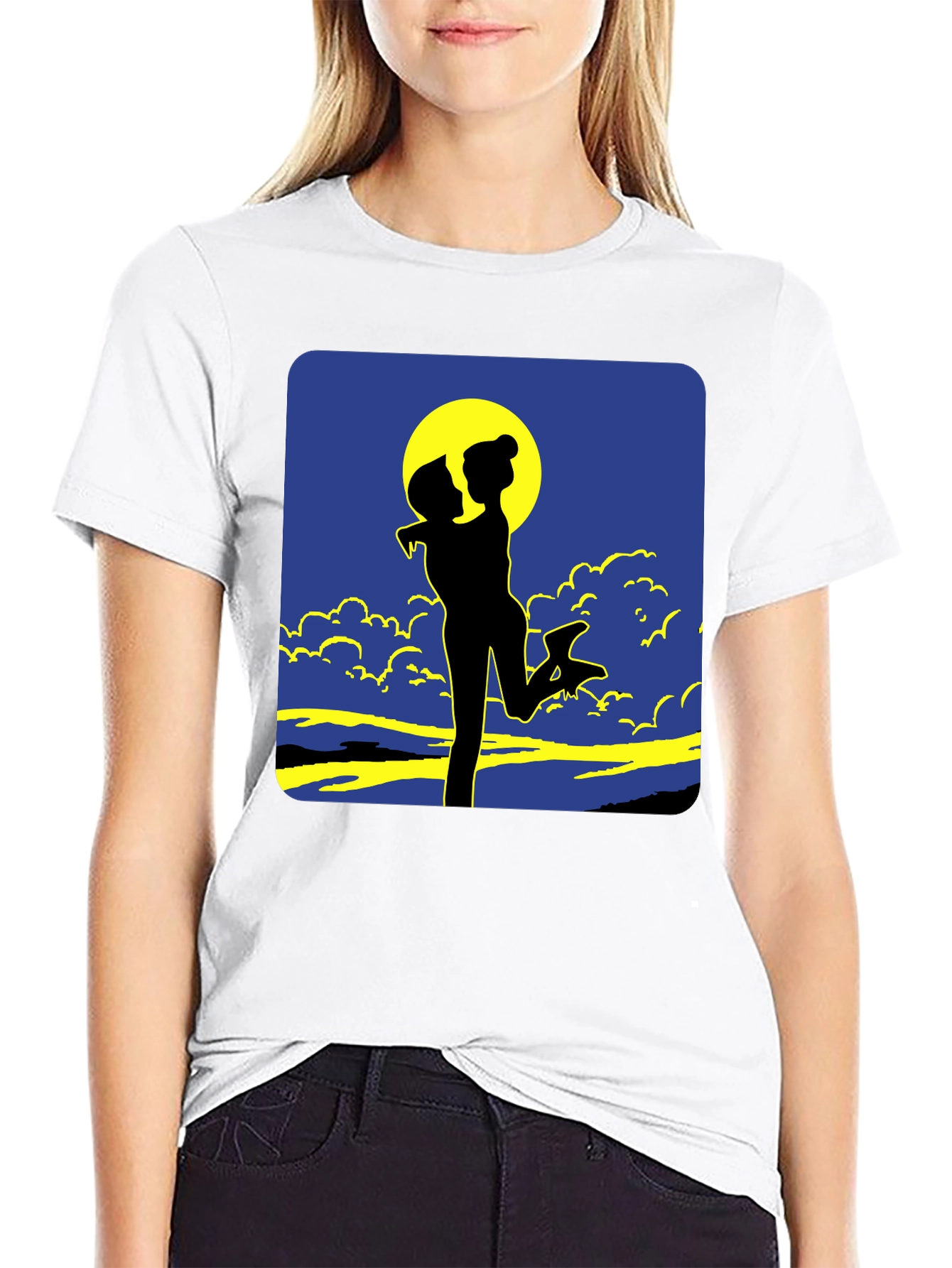 Silhouette Couple Moon Graphic Tee - Black