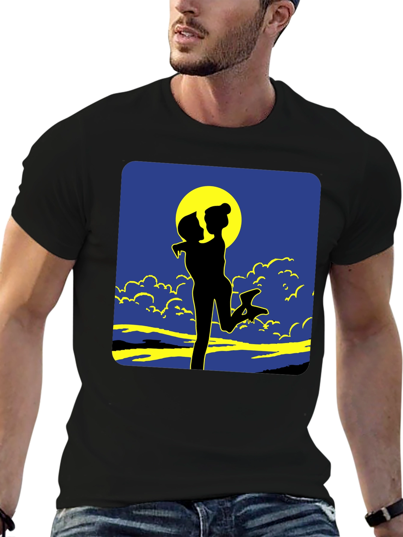 Silhouette Couple Moon Graphic Tee - Black