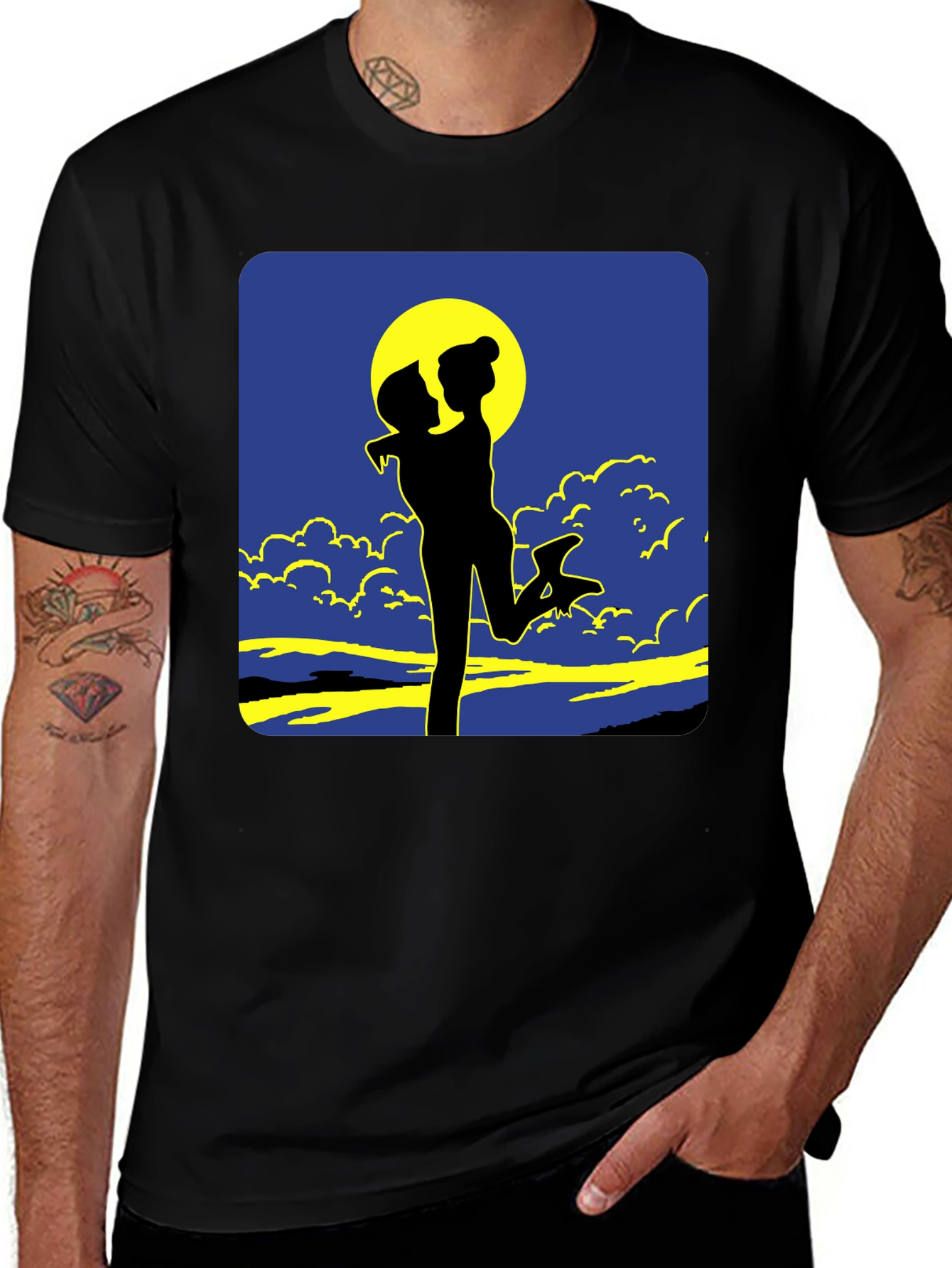 Silhouette Couple Moon Graphic Tee - Black