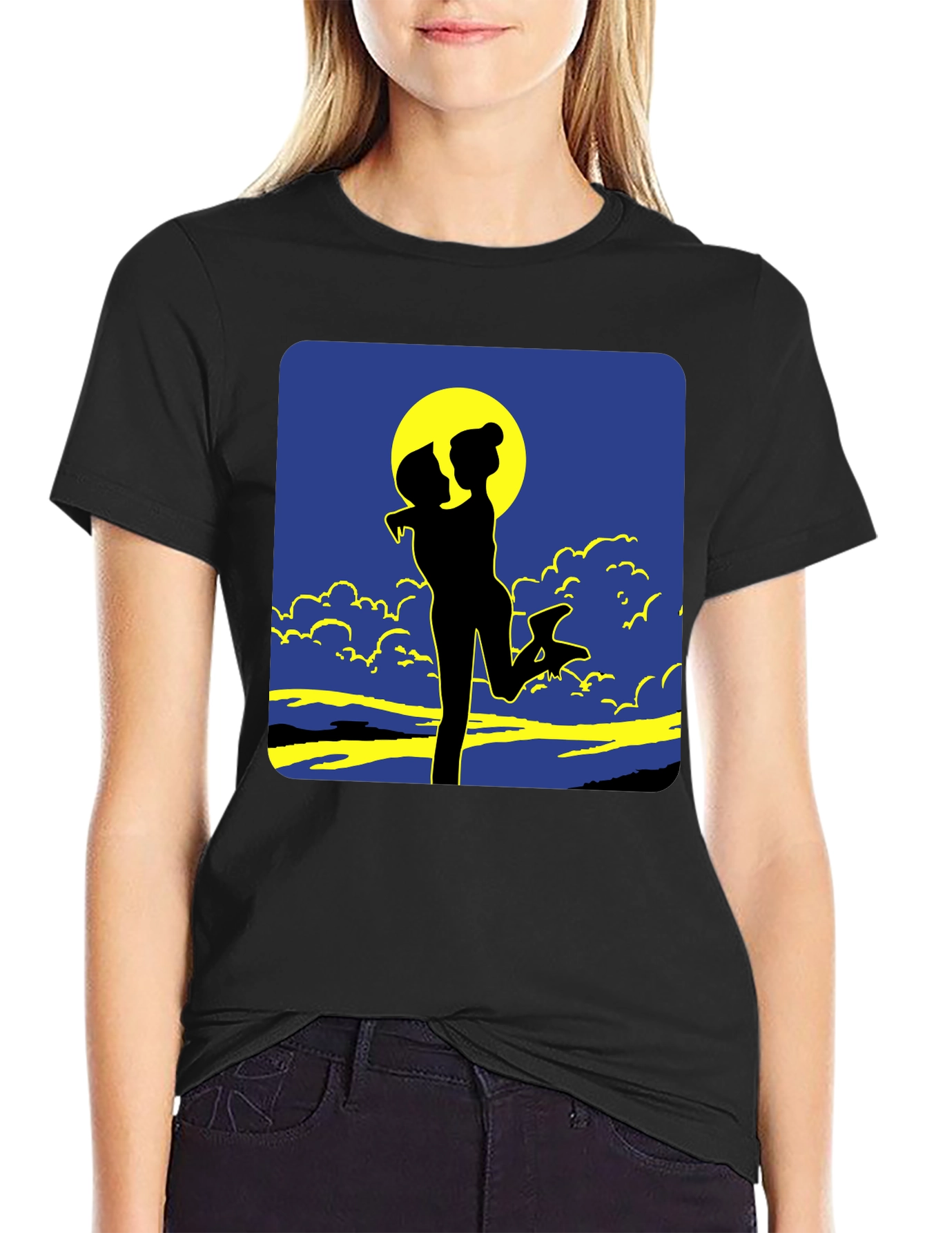 Silhouette Couple Moon Graphic Tee - Black