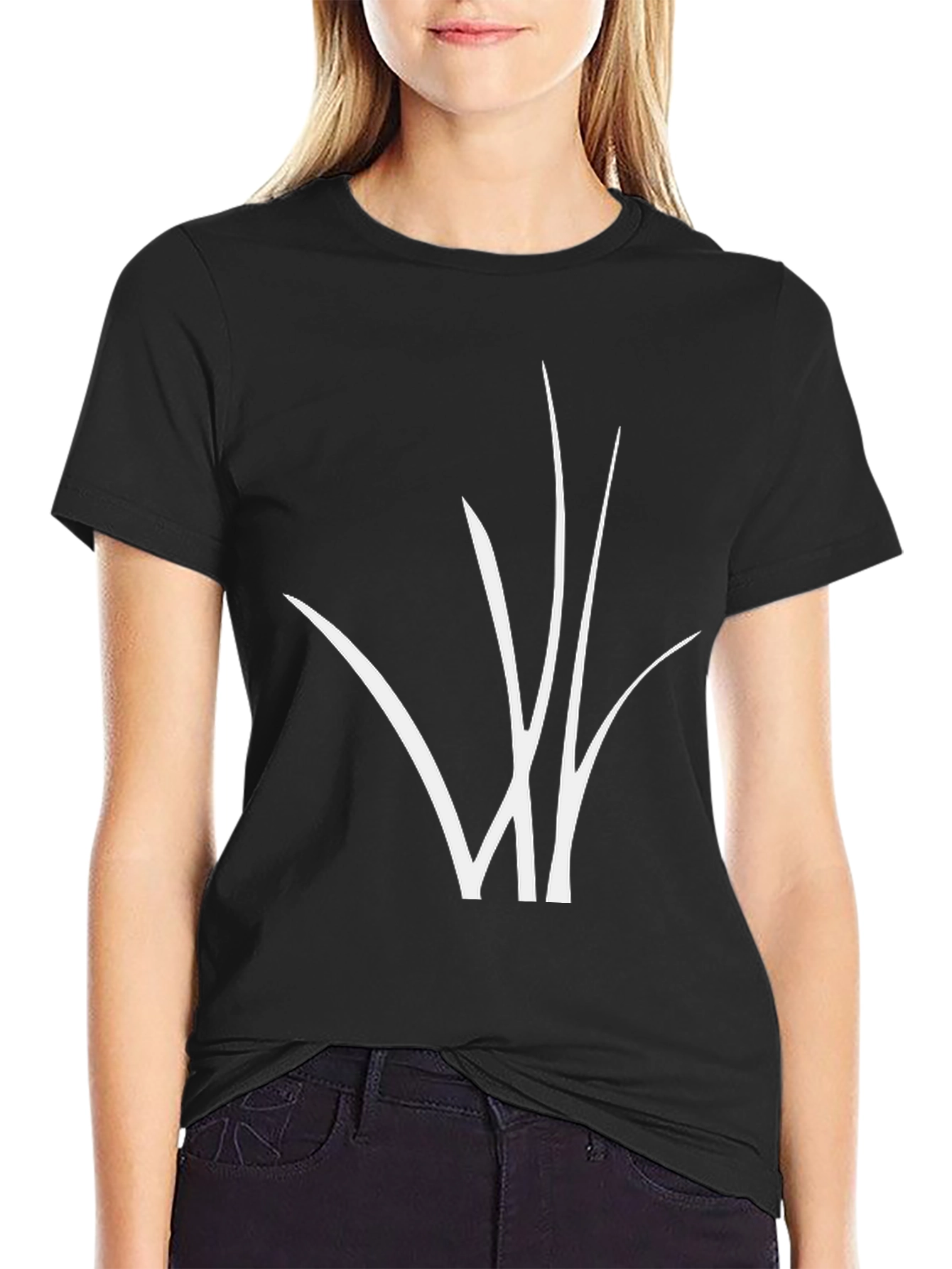 Black T-Shirt with Abstract White Grass Design