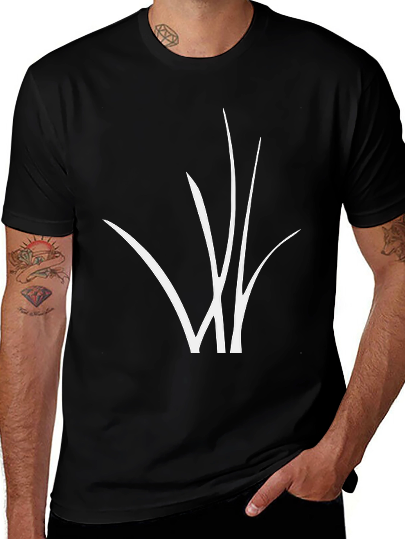 Black T-Shirt with Abstract White Grass Design