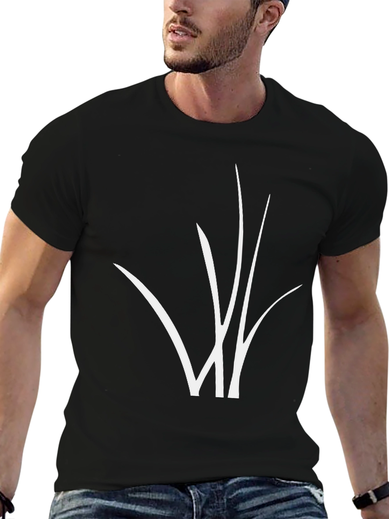 Black T-Shirt with Abstract White Grass Design