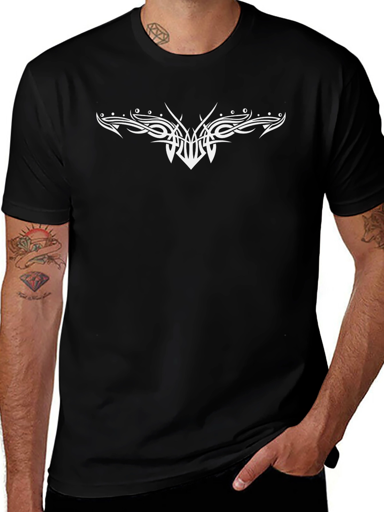 Black Graphic Tee with White Tribal Design