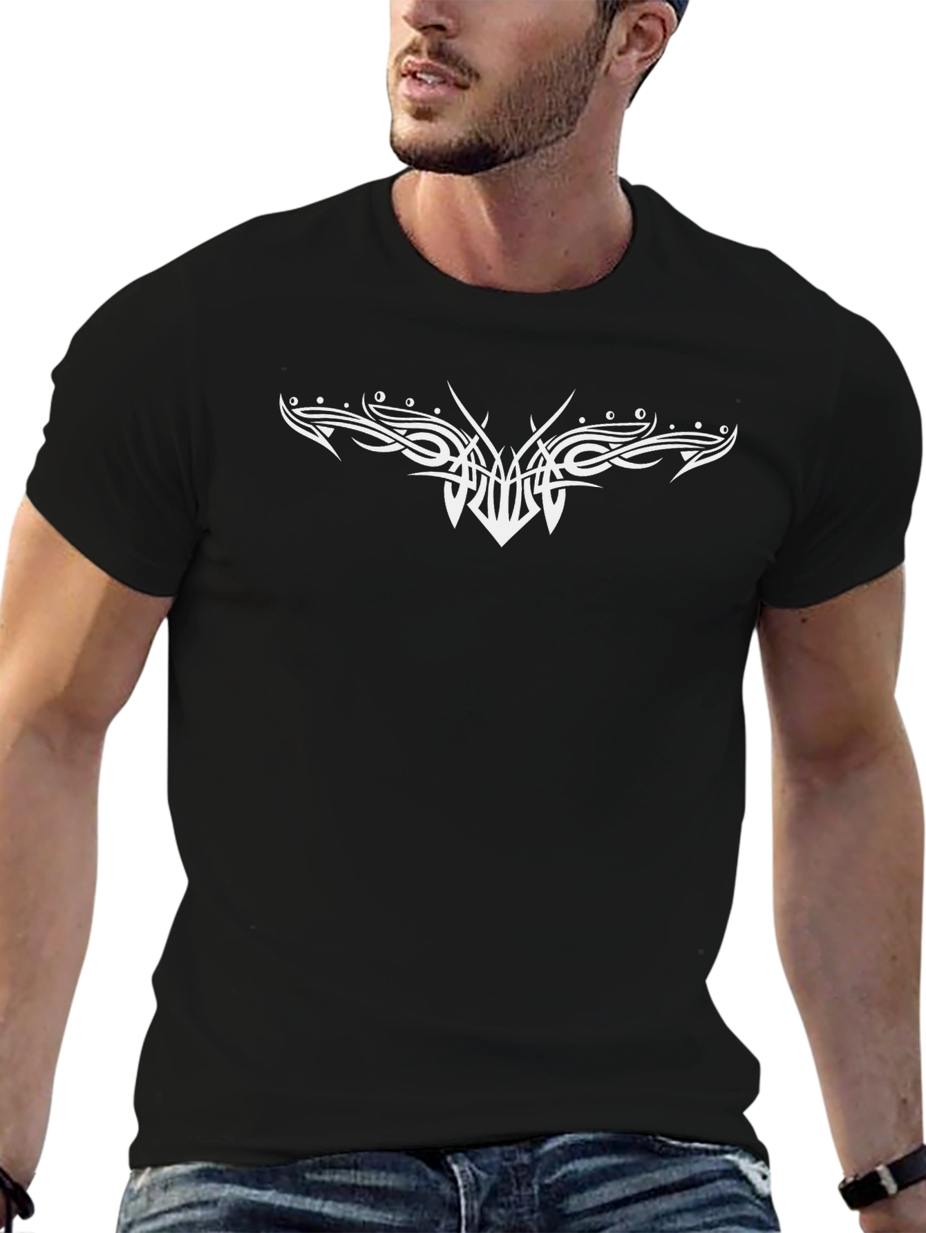 Black Graphic Tee with White Tribal Design