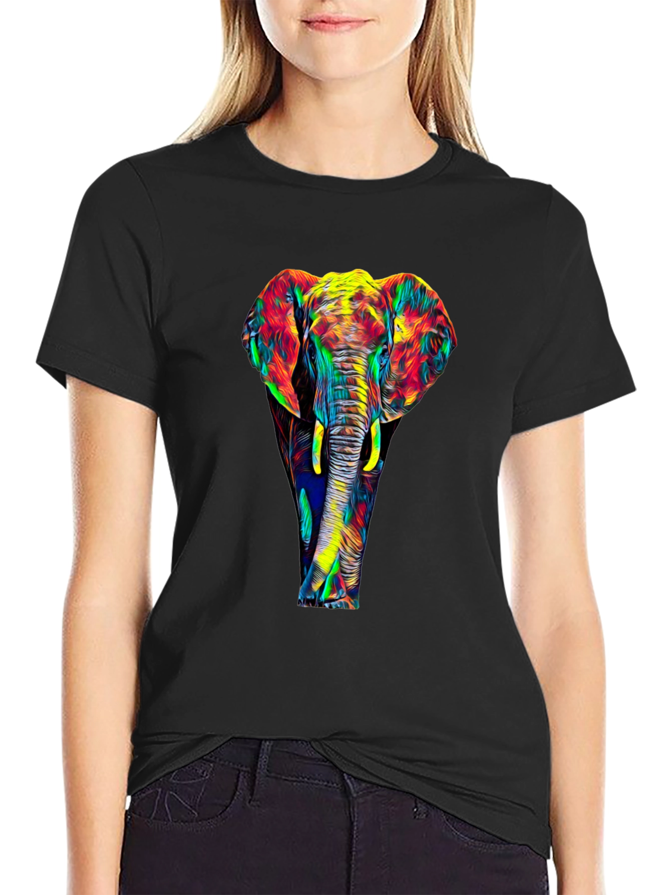 Vibrant Elephant Graphic Black T-Shirt