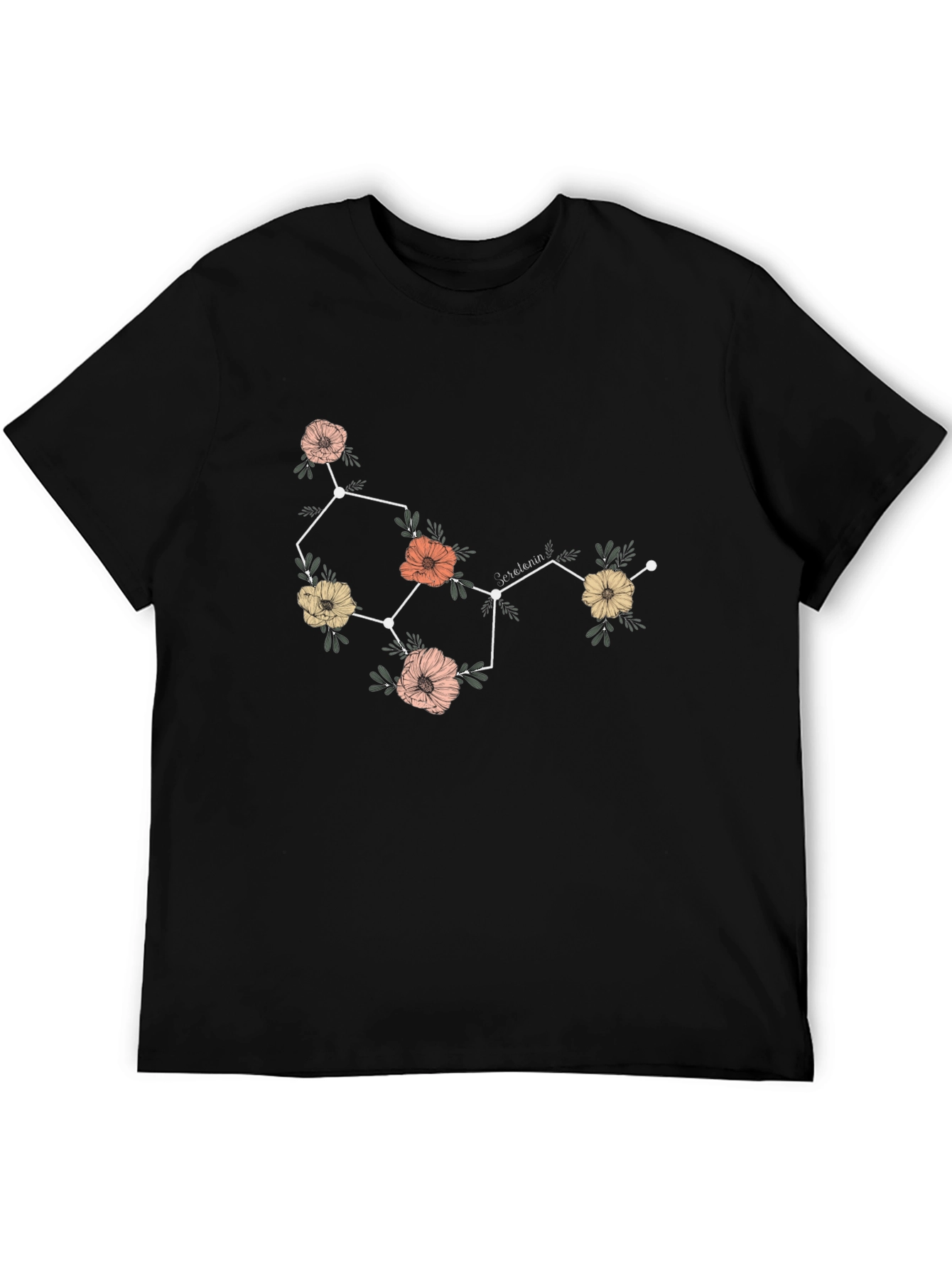 Floral Serotonin Molecule Graphic T-Shirt - Black