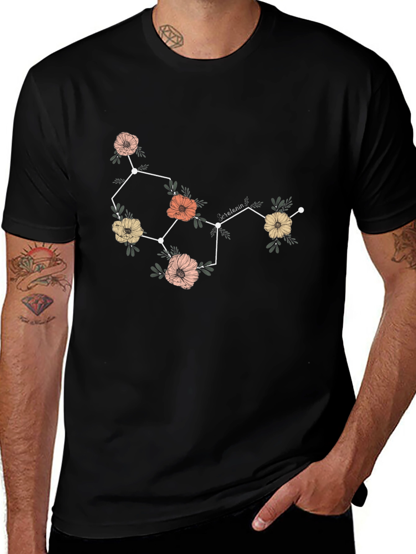 Floral Serotonin Molecule Graphic T-Shirt - Black