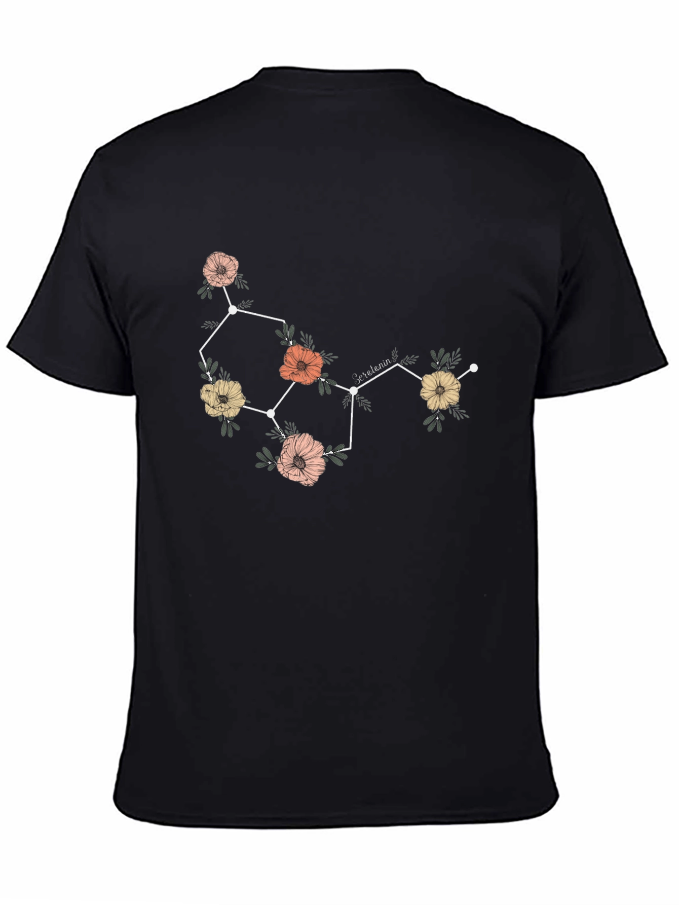 Floral Serotonin Molecule Graphic T-Shirt - Black
