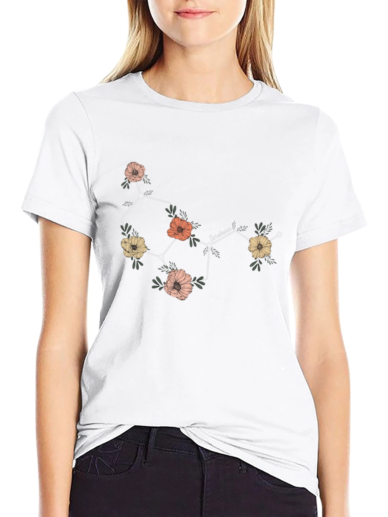 Floral Serotonin Molecule Graphic T-Shirt - Black