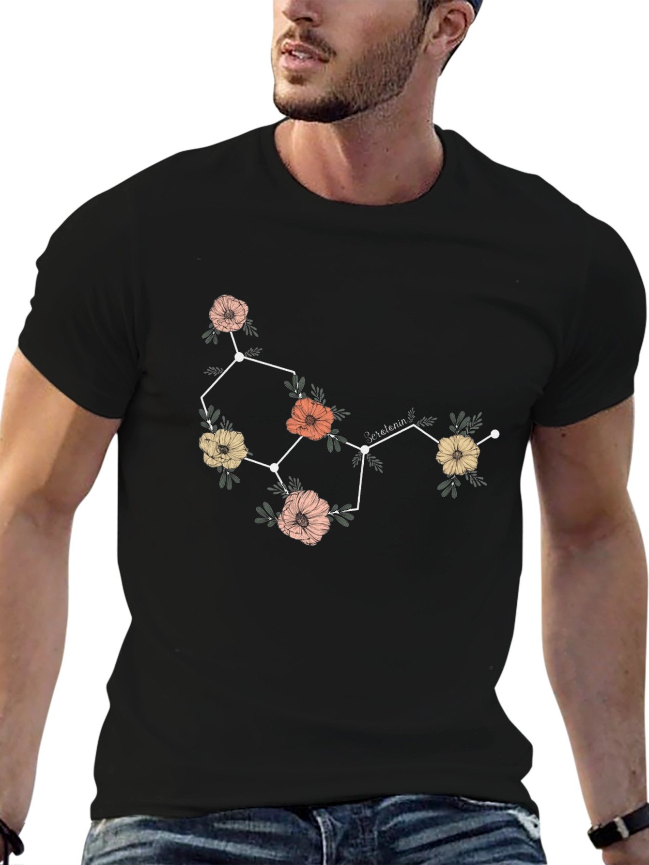 Floral Serotonin Molecule Graphic T-Shirt - Black