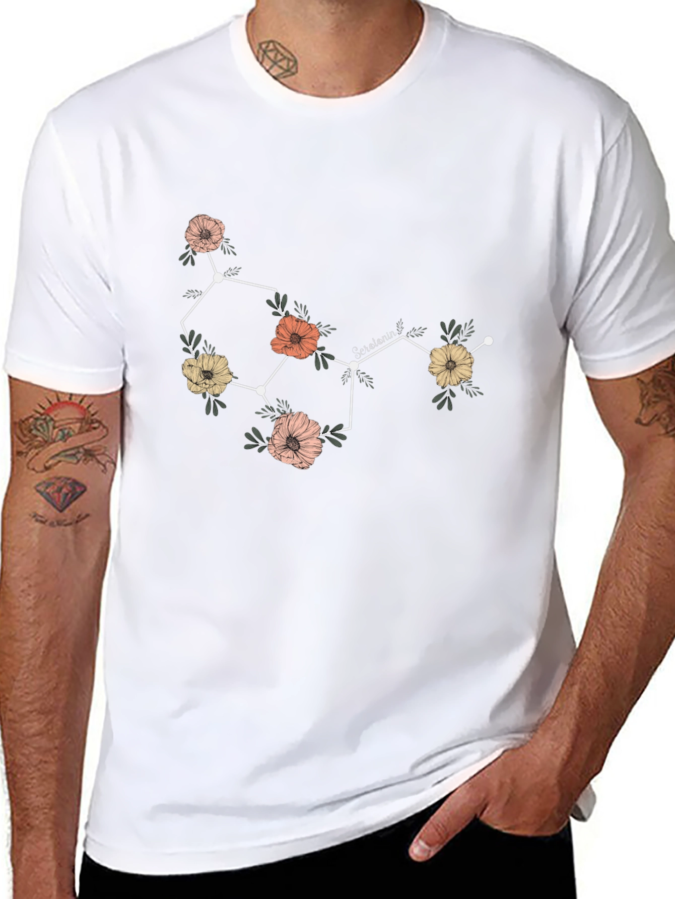 Floral Serotonin Molecule Graphic T-Shirt - Black