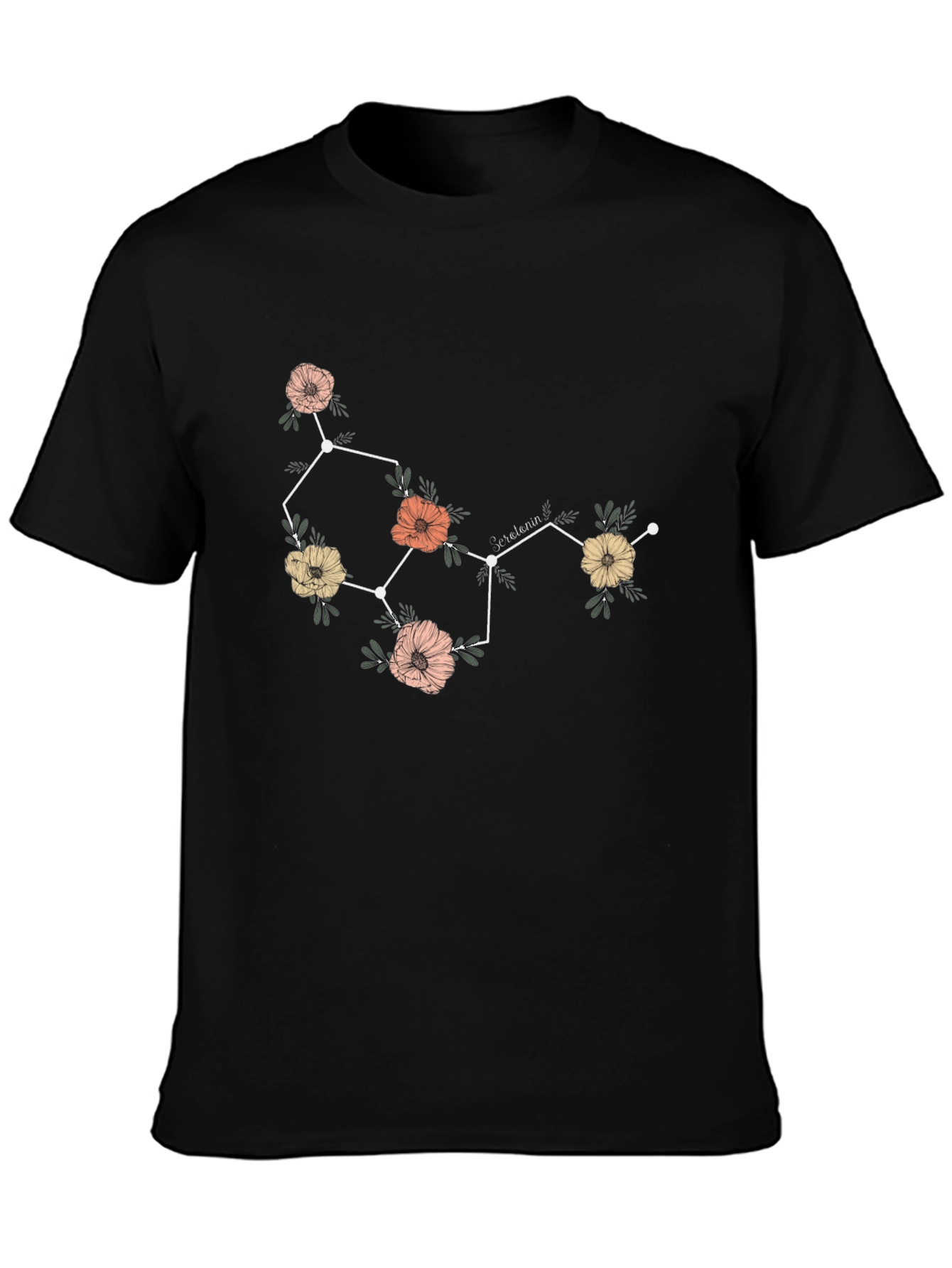Floral Serotonin Molecule Graphic T-Shirt - Black