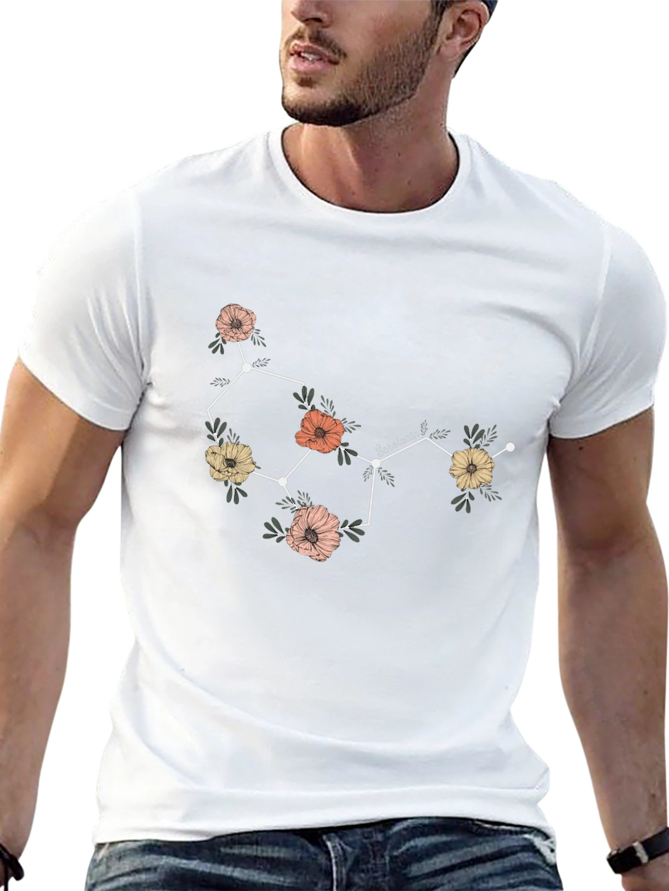 Floral Serotonin Molecule Graphic T-Shirt - Black