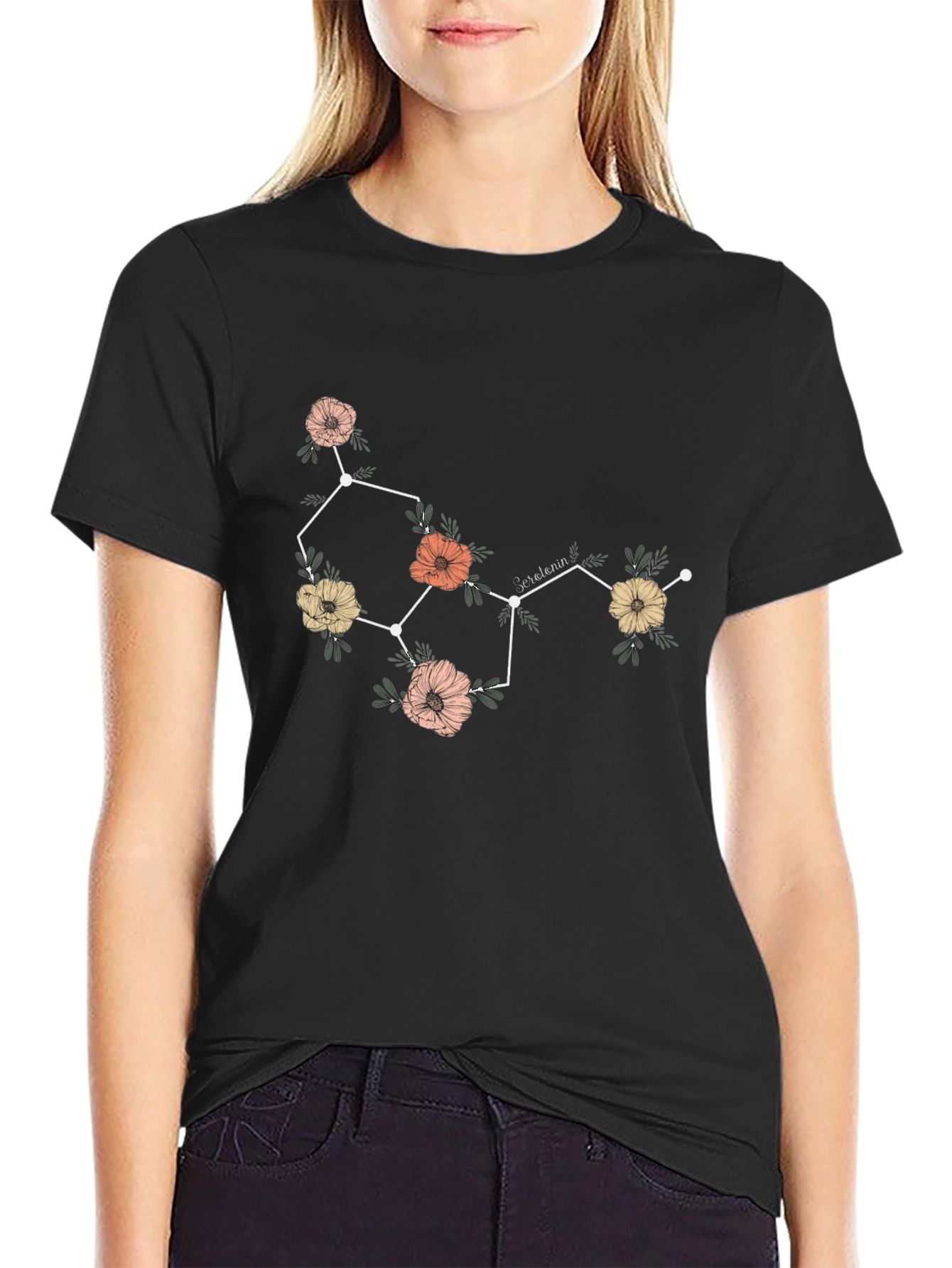 Floral Serotonin Molecule Graphic T-Shirt - Black