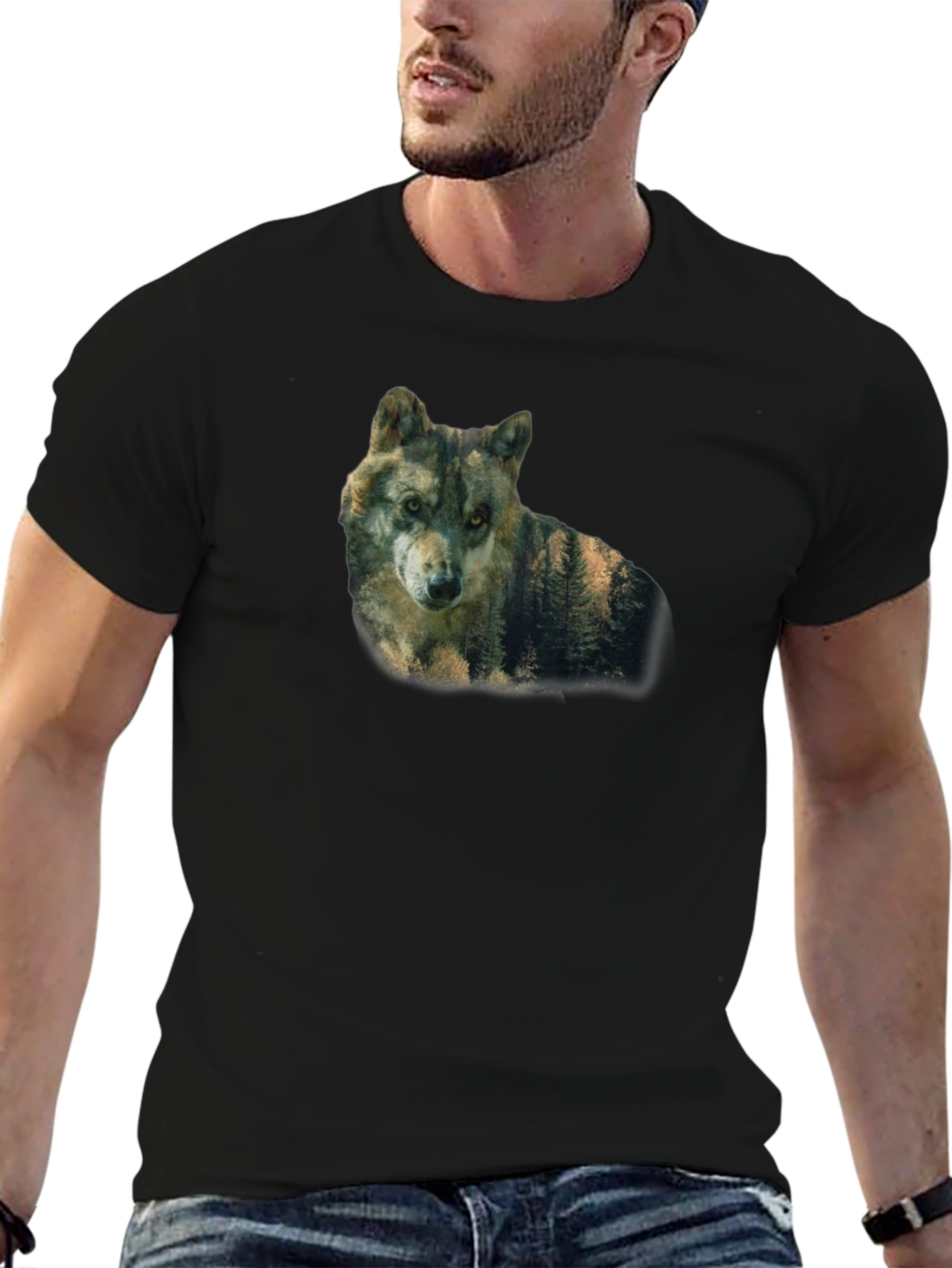 Wolf Nature Graphic Print Black T-Shirt