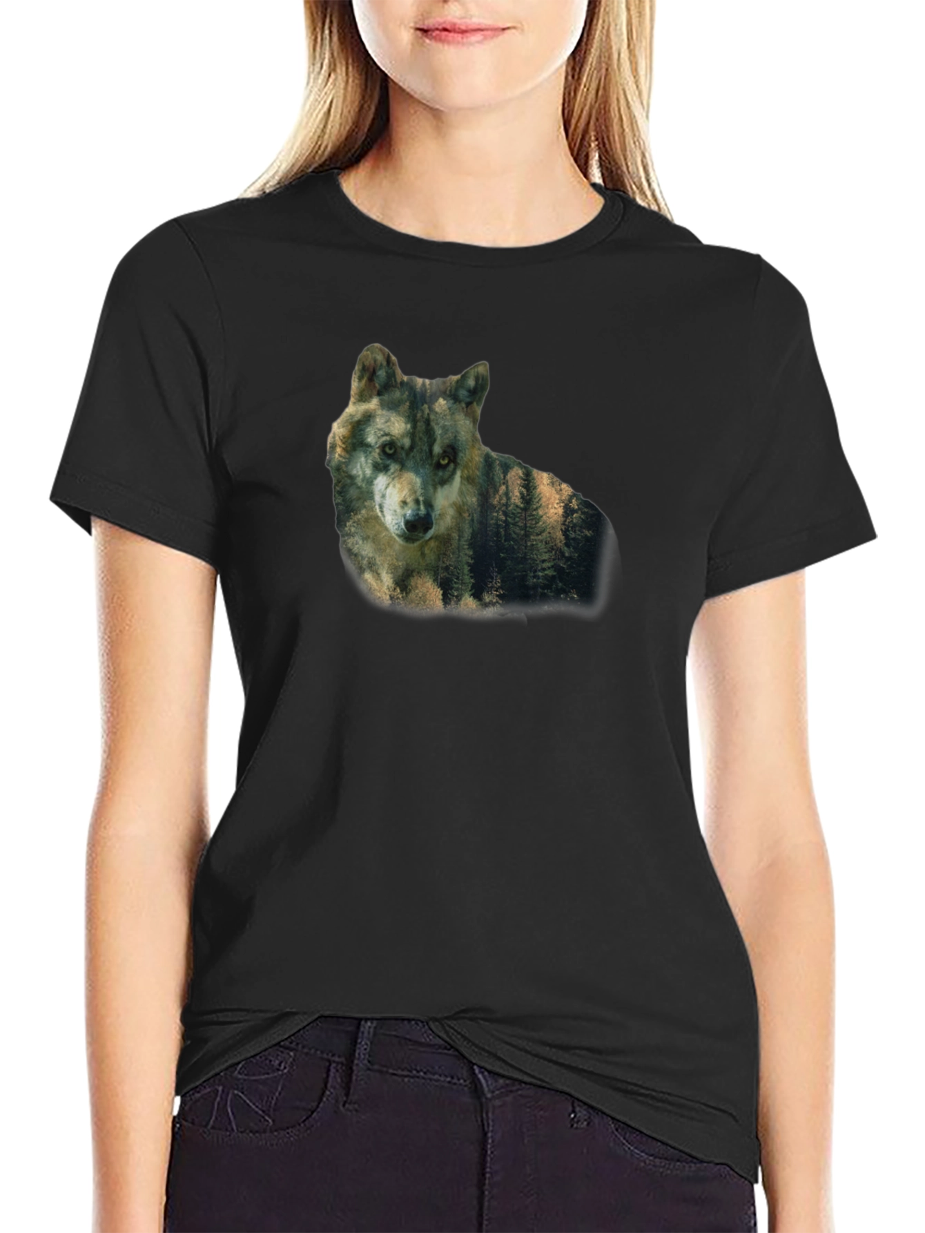 Wolf Nature Graphic Print Black T-Shirt