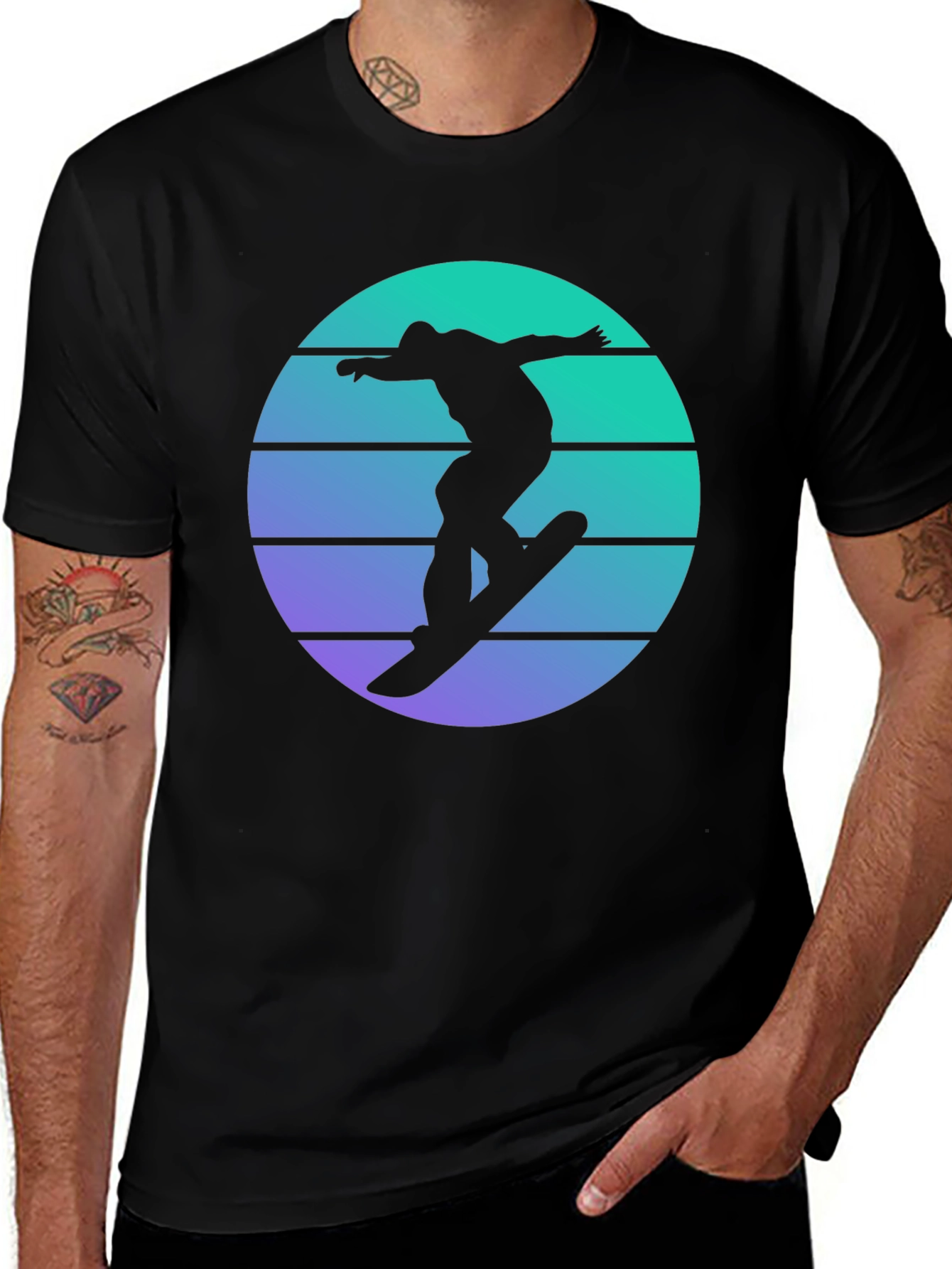 Skateboarder Retro Sunset Graphic Tee - Black