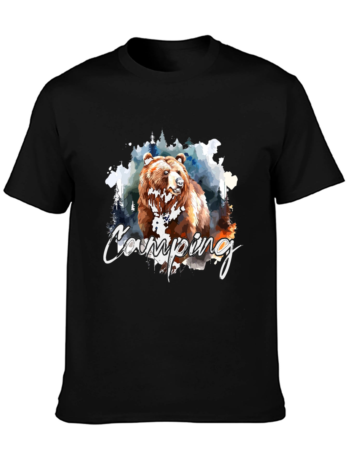Camping Bear Graphic Black T-Shirt