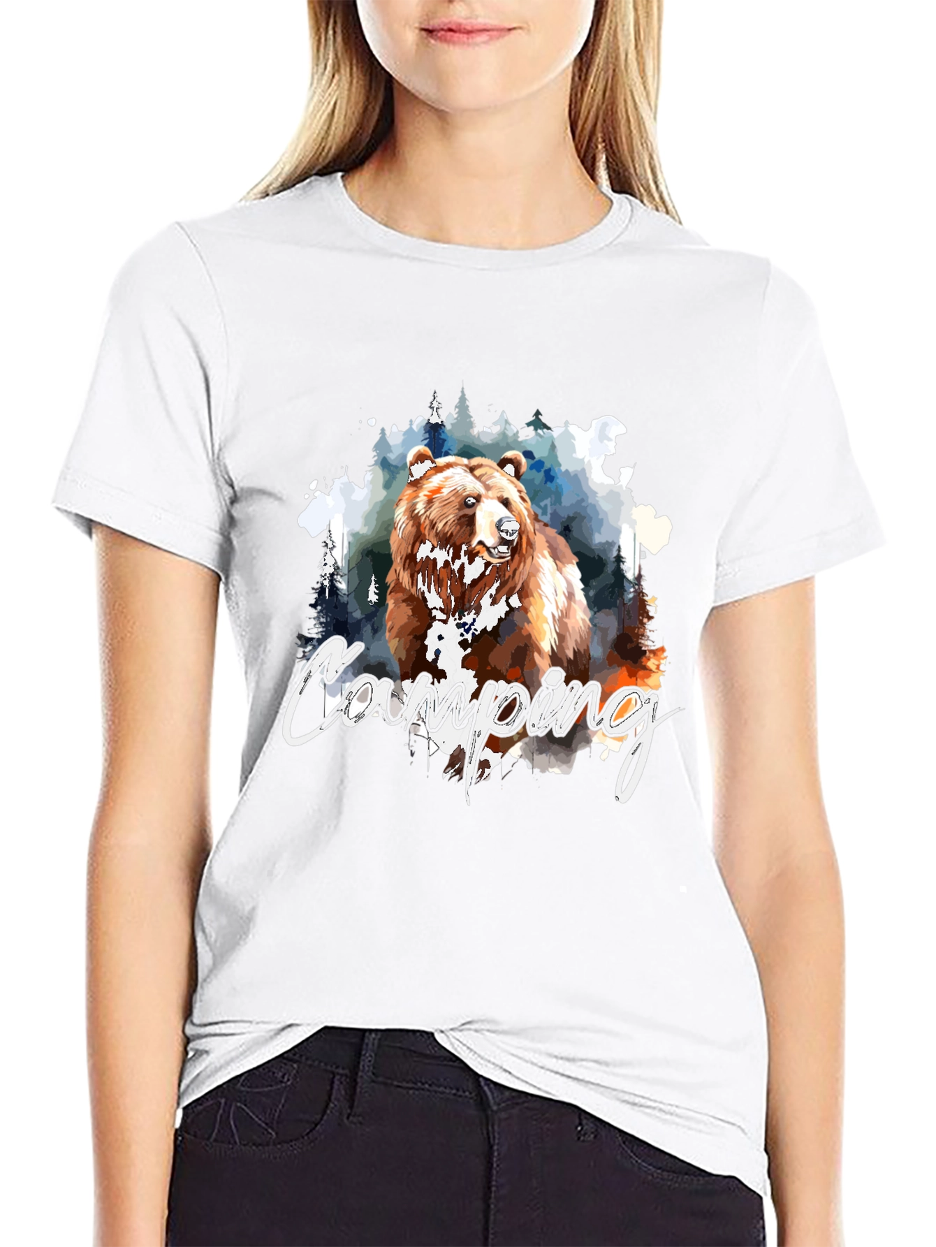 Camping Bear Graphic Black T-Shirt