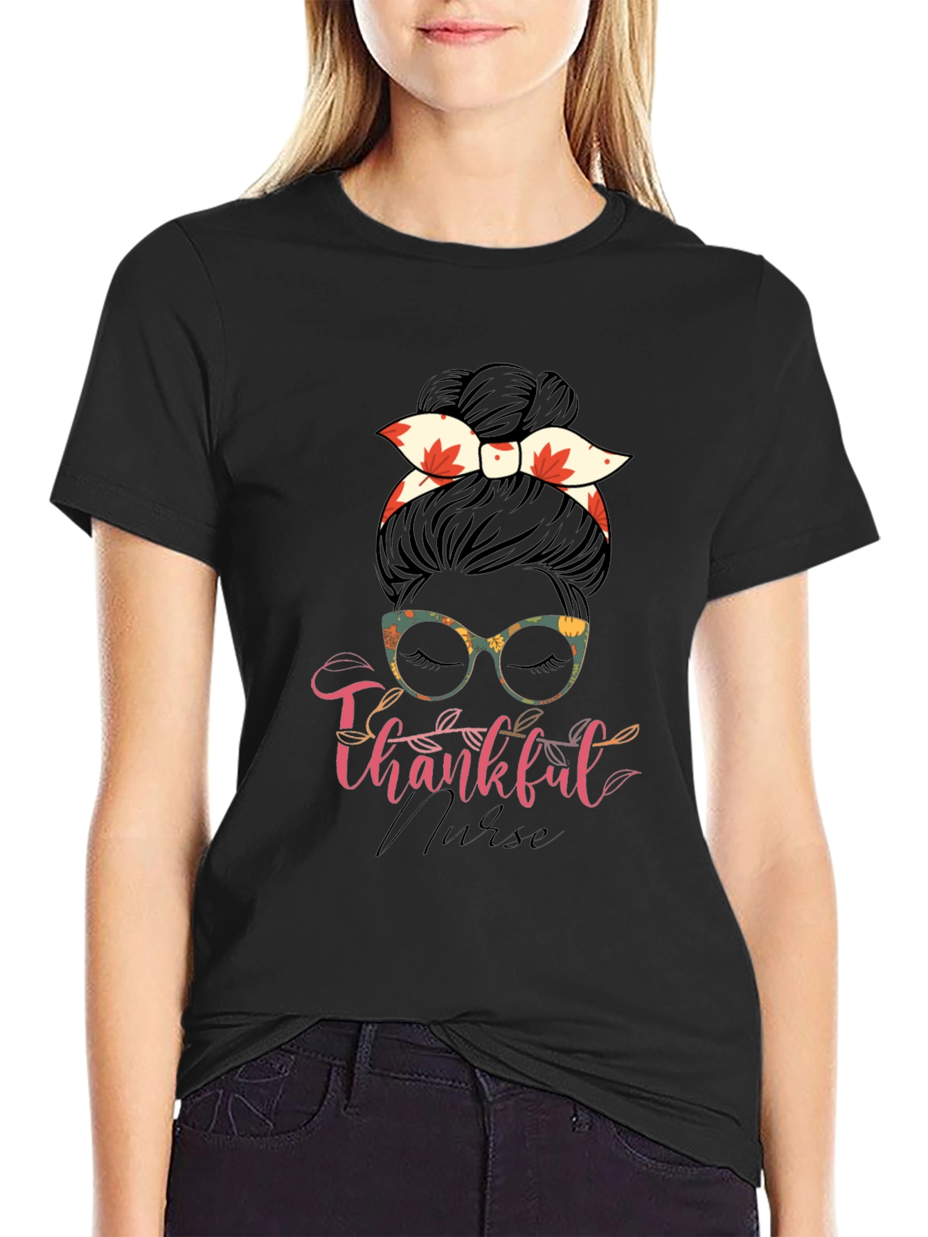 Thankful Nurse Messy Bun T-Shirt