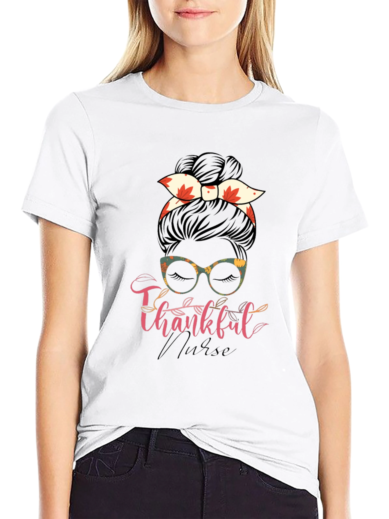 Thankful Nurse Messy Bun T-Shirt