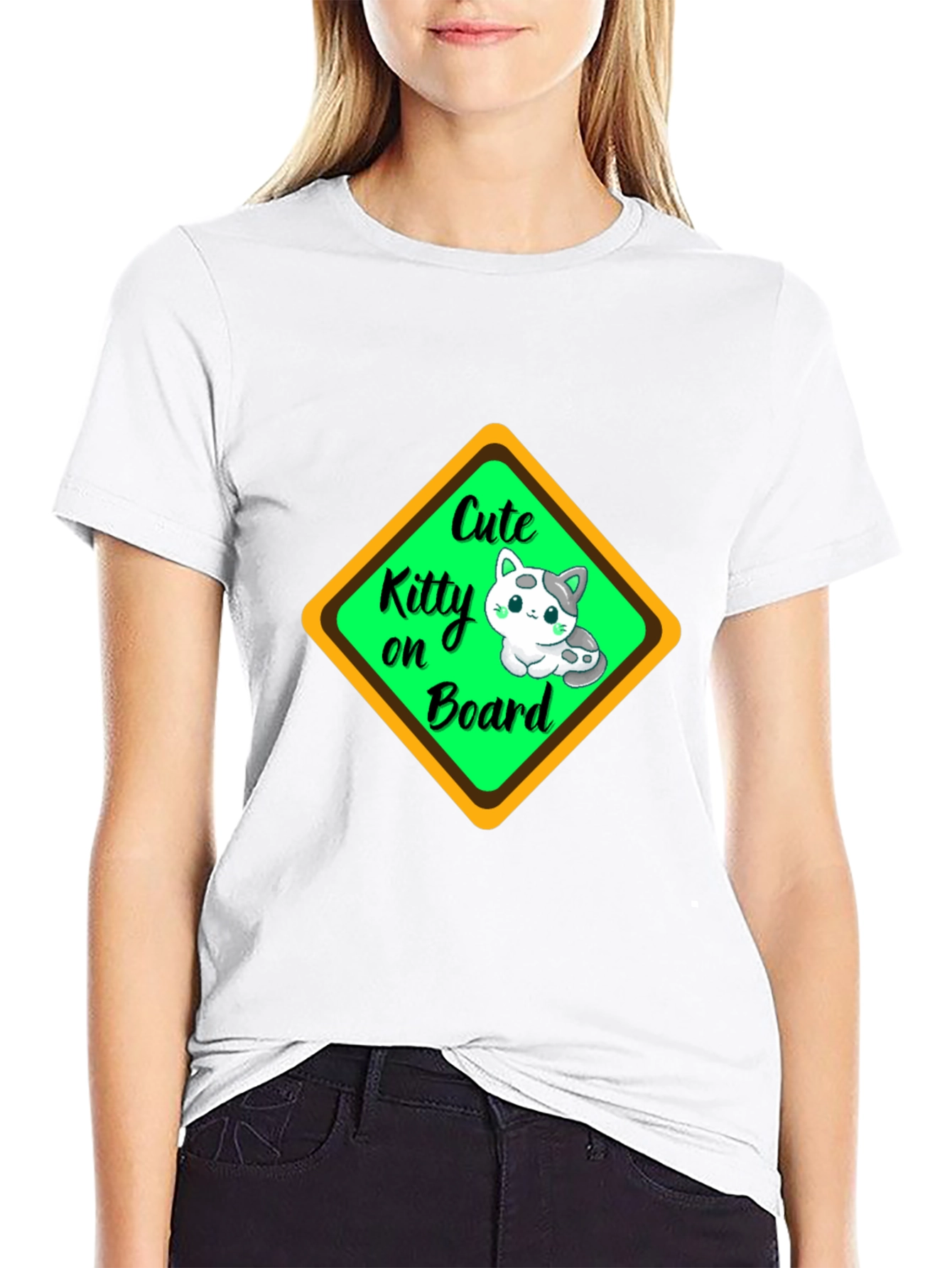 Cute Kitty On Board Black T-Shirt