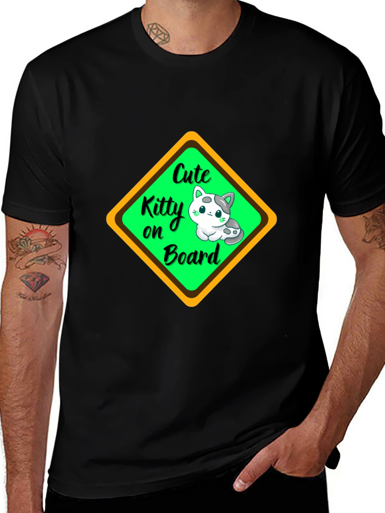 Cute Kitty On Board Black T-Shirt
