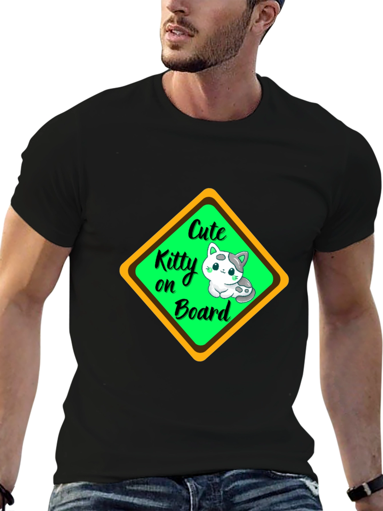 Cute Kitty On Board Black T-Shirt