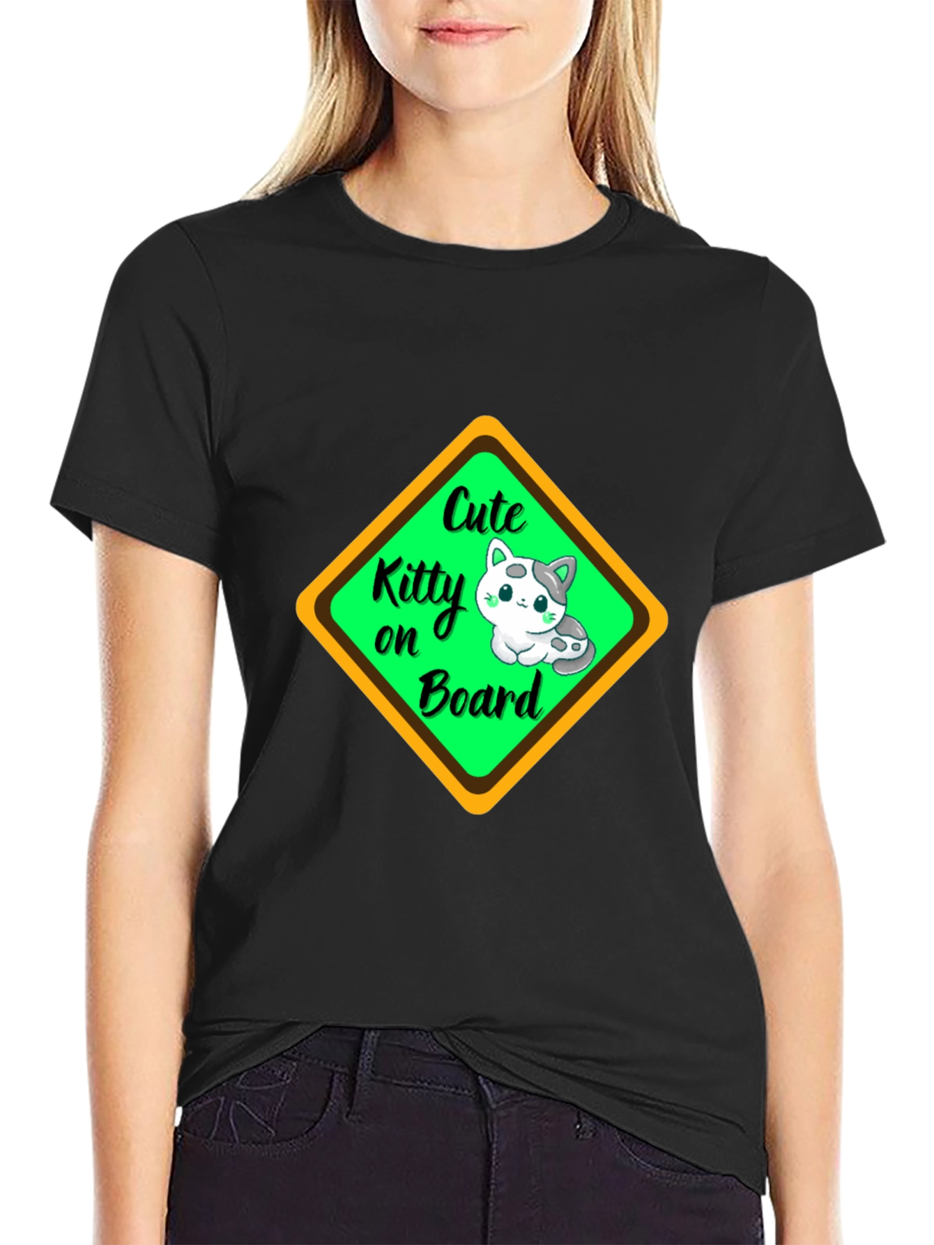 Cute Kitty On Board Black T-Shirt