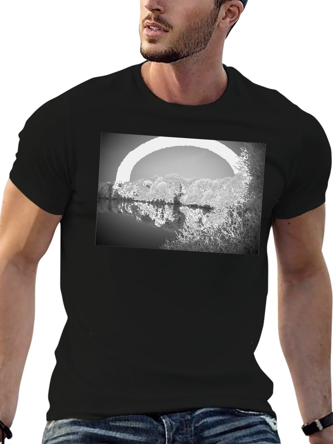 Monochrome Lake View Graphic Tee - Soft Cotton Blend