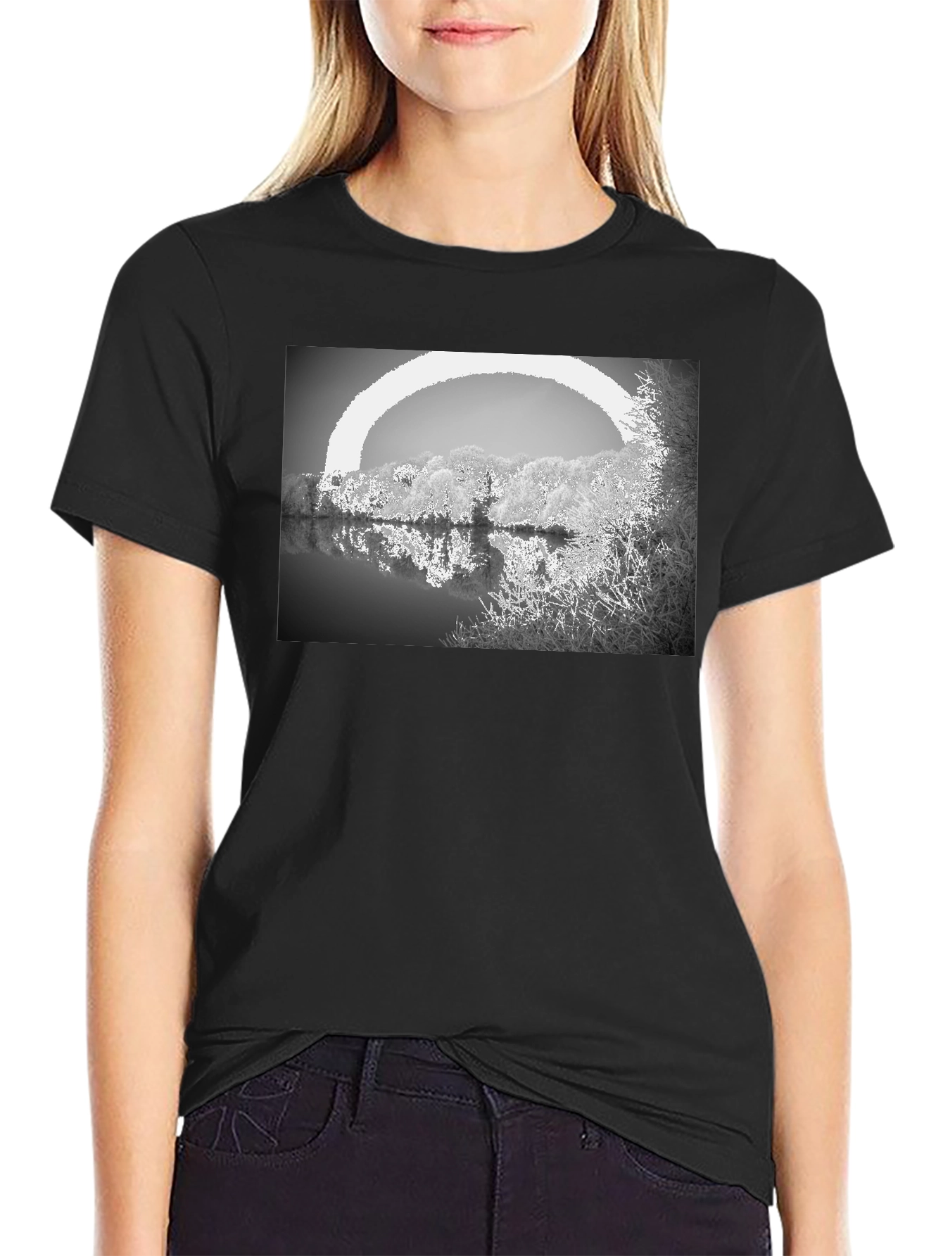 Monochrome Lake View Graphic Tee - Soft Cotton Blend
