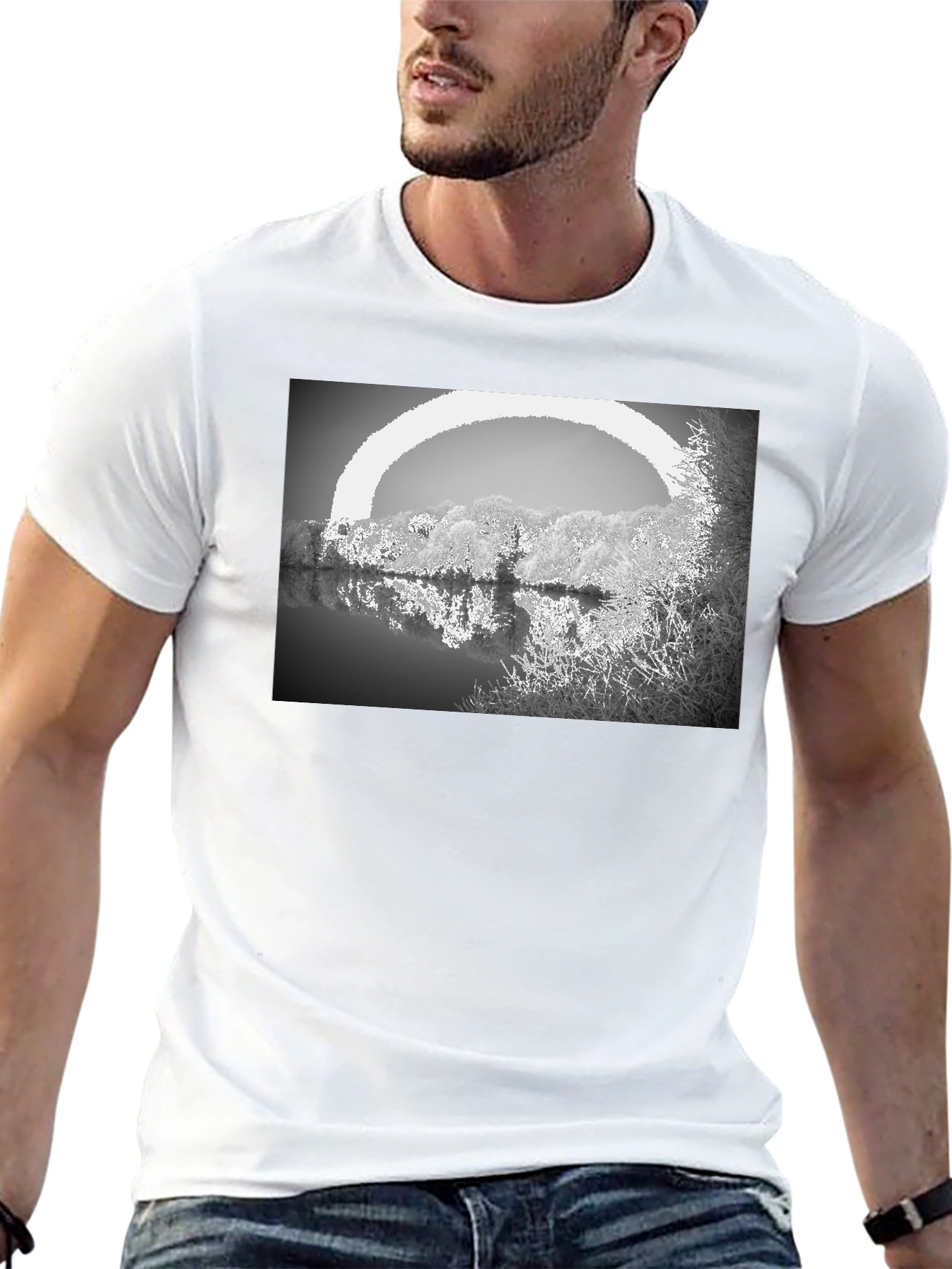 Monochrome Lake View Graphic Tee - Soft Cotton Blend