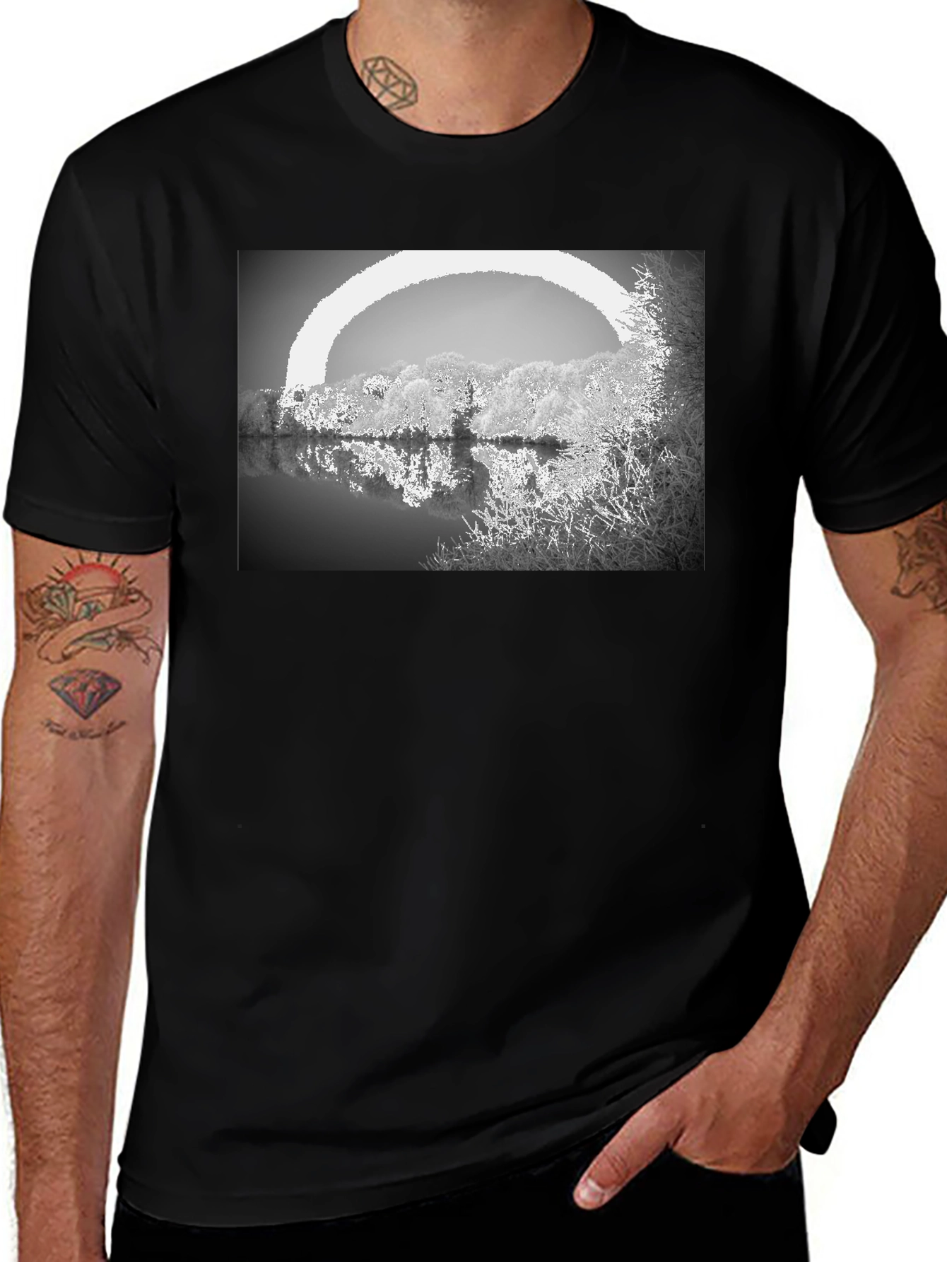 Monochrome Lake View Graphic Tee - Soft Cotton Blend