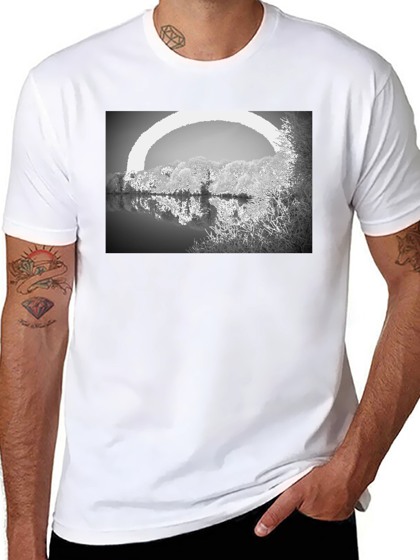 Monochrome Lake View Graphic Tee - Soft Cotton Blend