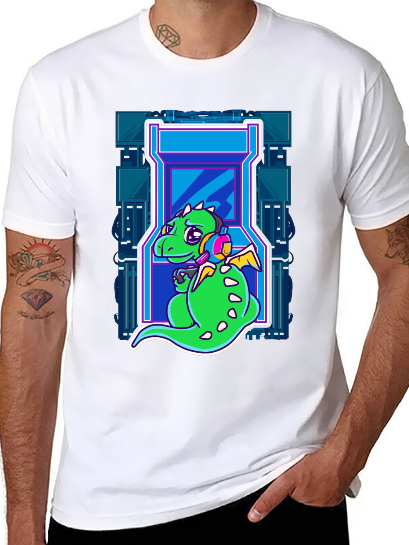 Gamer Dragon T-Shirt - Retro Arcade Style