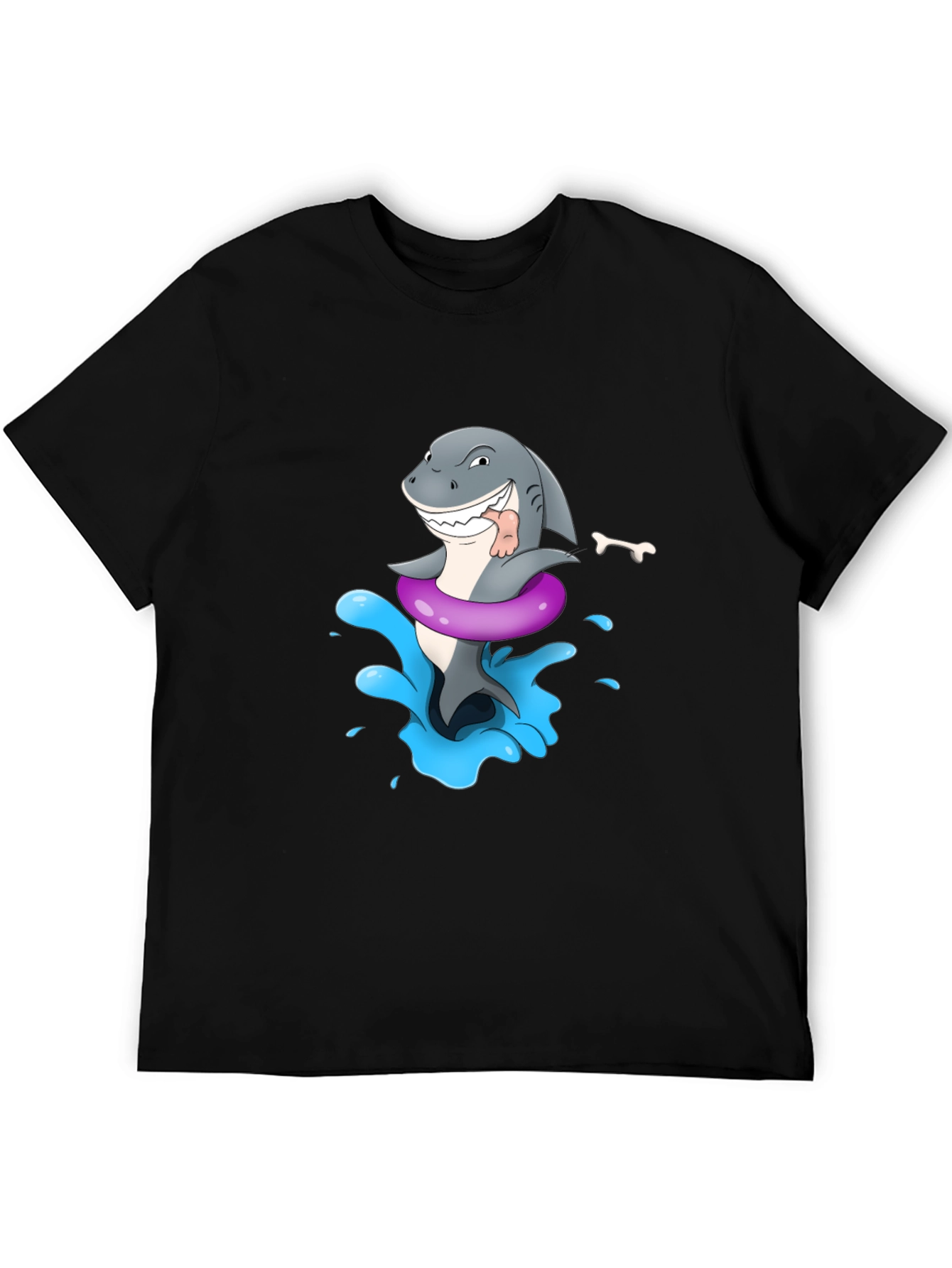 Cartoon Shark in Inflatable Ring Mens Black T-Shirt