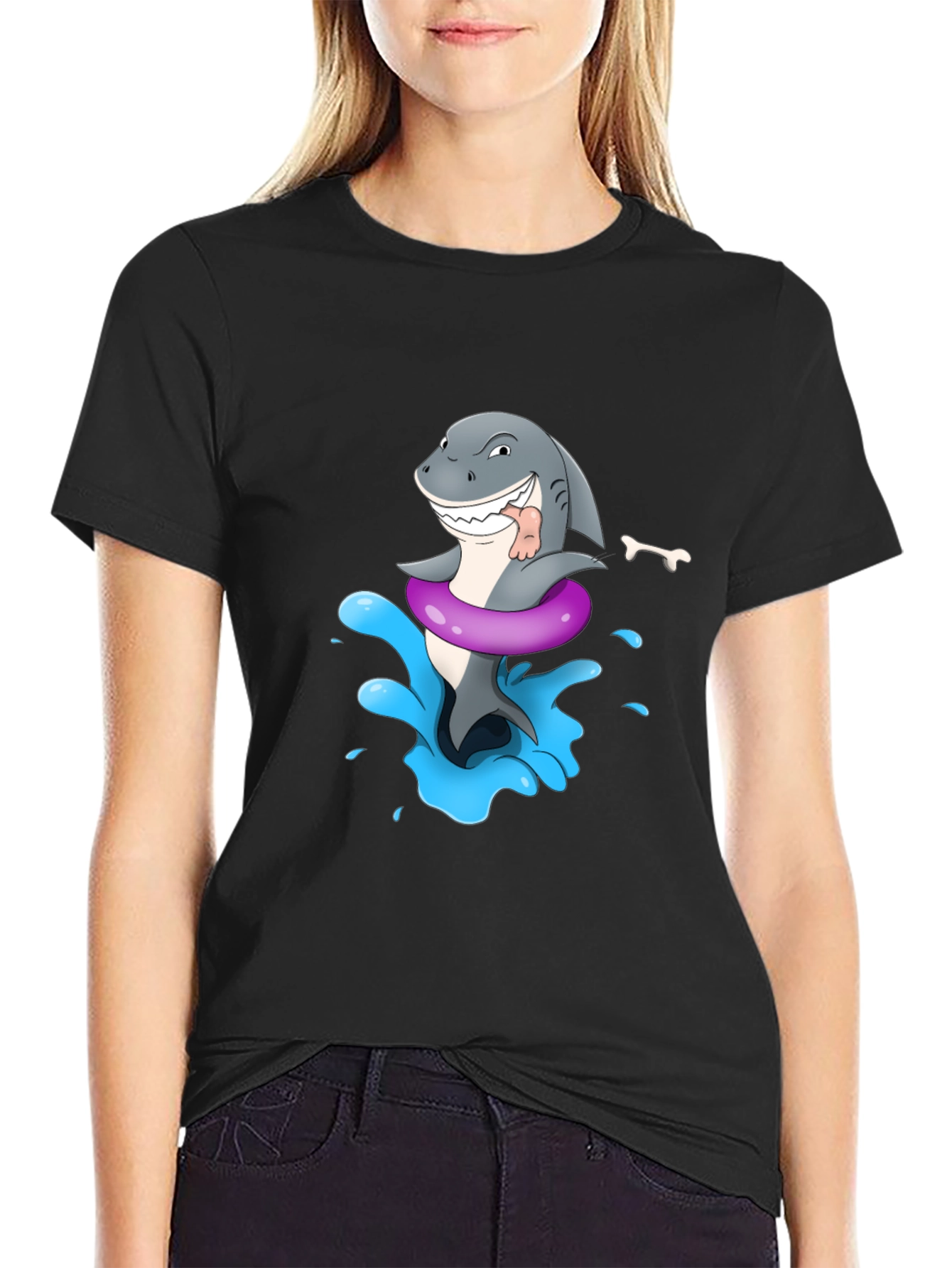 Cartoon Shark in Inflatable Ring Mens Black T-Shirt