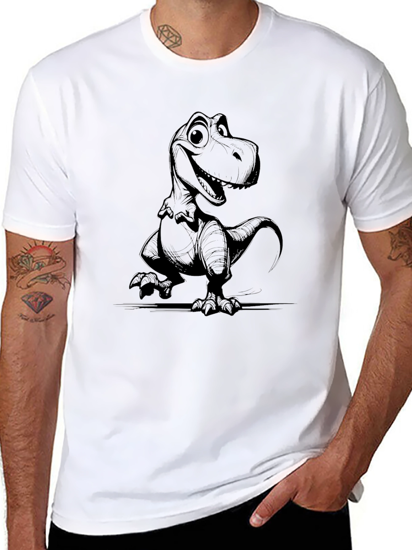 Cartoon Dinosaur Graphic T-Shirt - Black