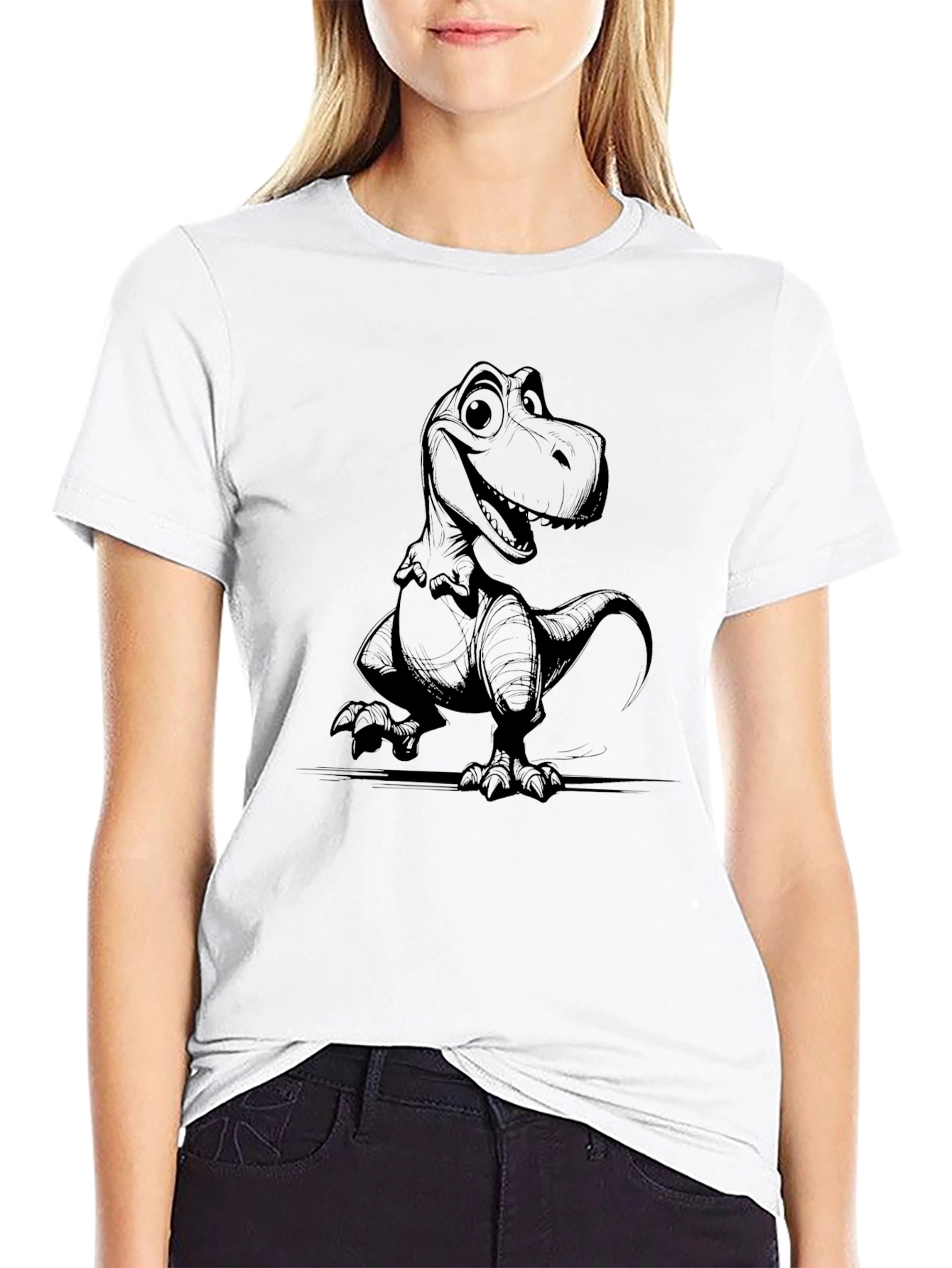 Cartoon Dinosaur Graphic T-Shirt - Black