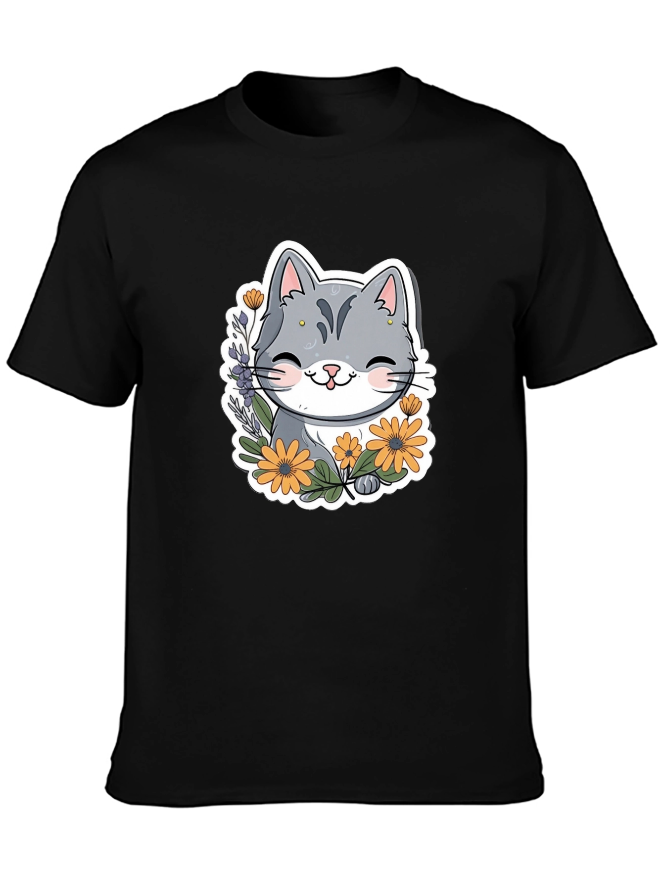 Cute Cat T-Shirt with Flowers