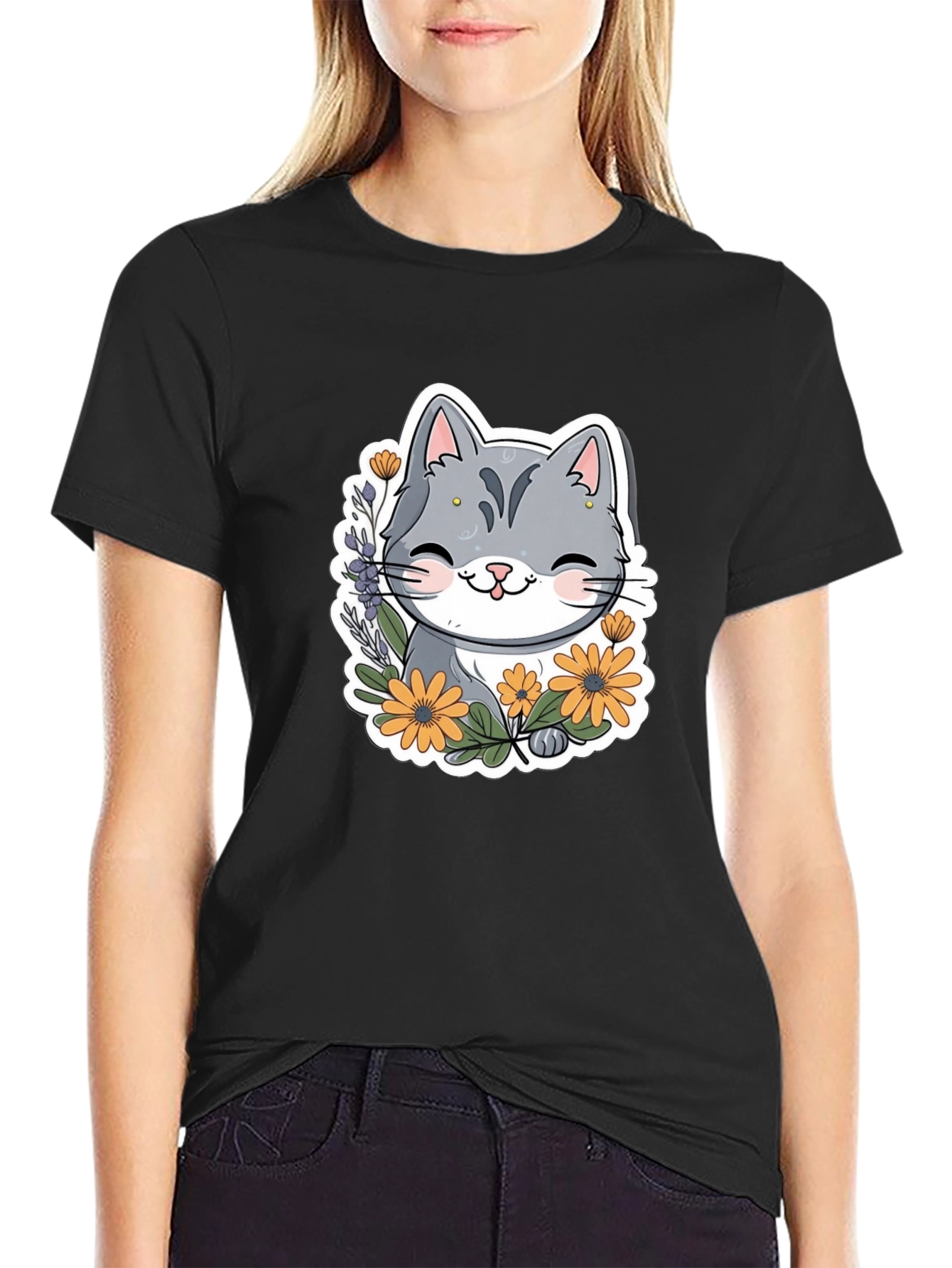 Cute Cat T-Shirt with Flowers
