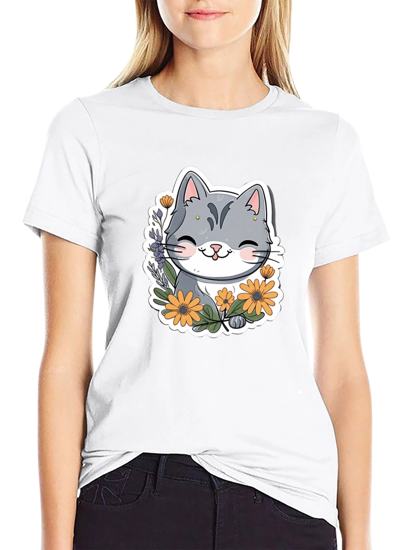 Cute Cat T-Shirt with Flowers